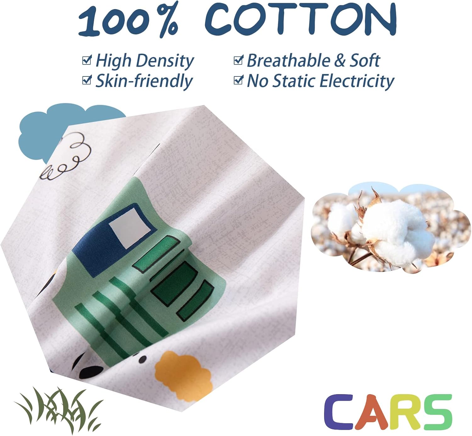 Kids Car Duvet Cover Set Twin Size - 100 Cotton