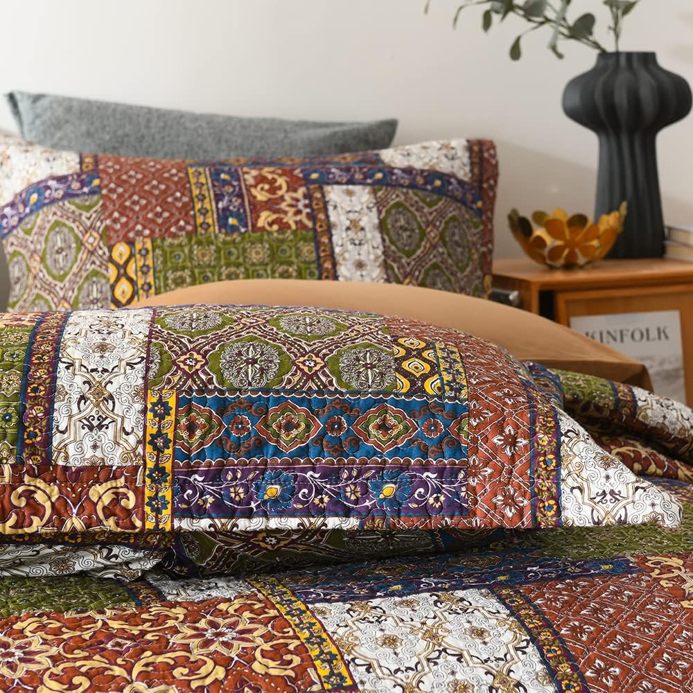 VISIMISI Cotton Reversible Patchwork Bedspread Set Brown Queen Size