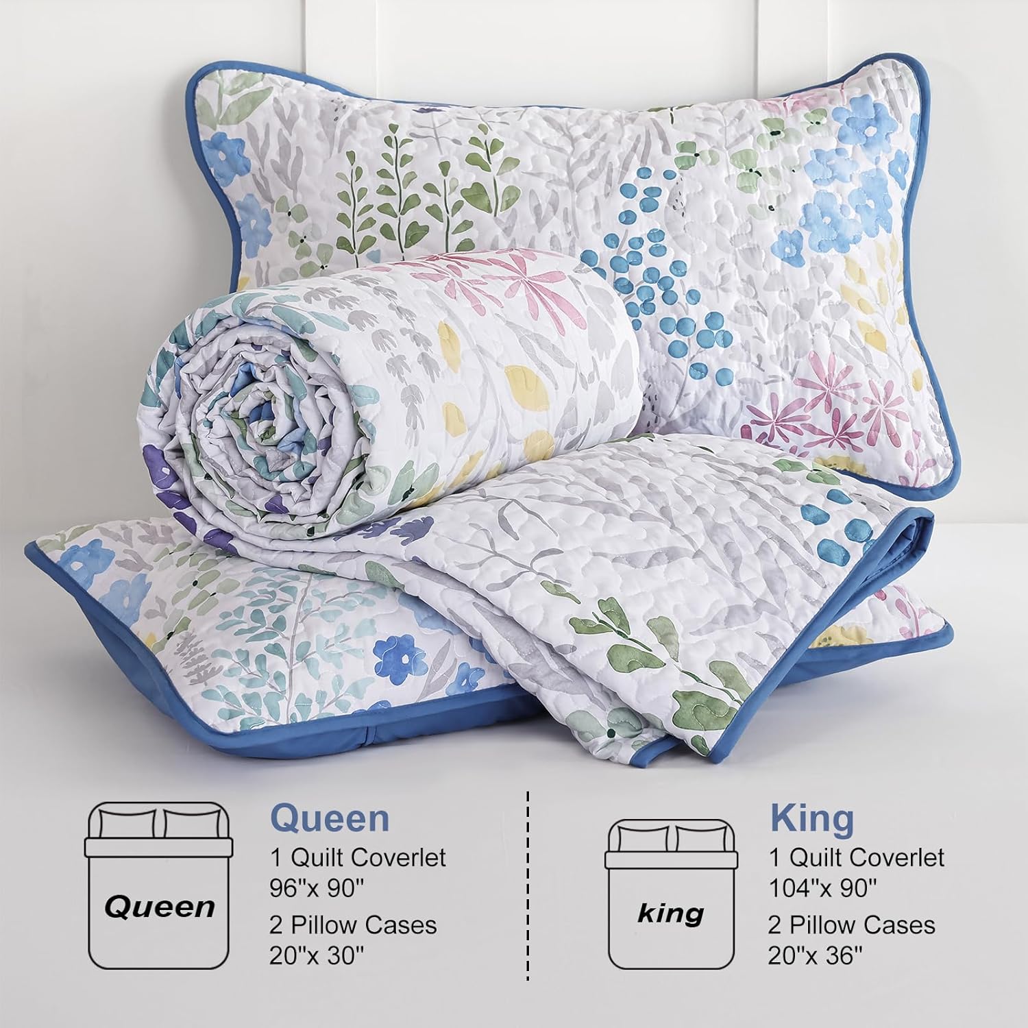 Xruibed Blue Floral Quilt Set 3 Piece King Size 1