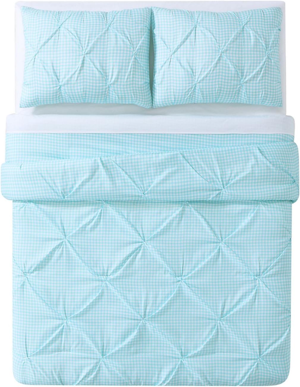 My World Printed Gingham Pinch Pleat Comforter Set Twin XL WhiteAqua