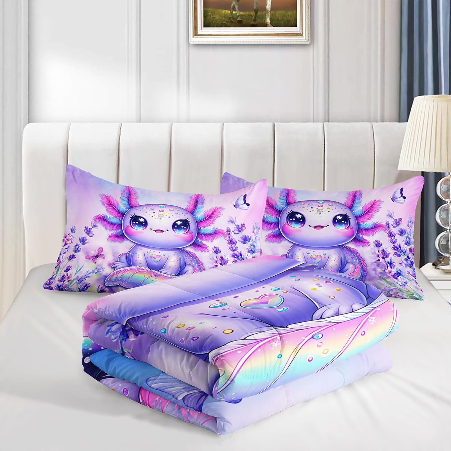 Cute Axolotl Queen Comforter Set with 2 Pillowcases