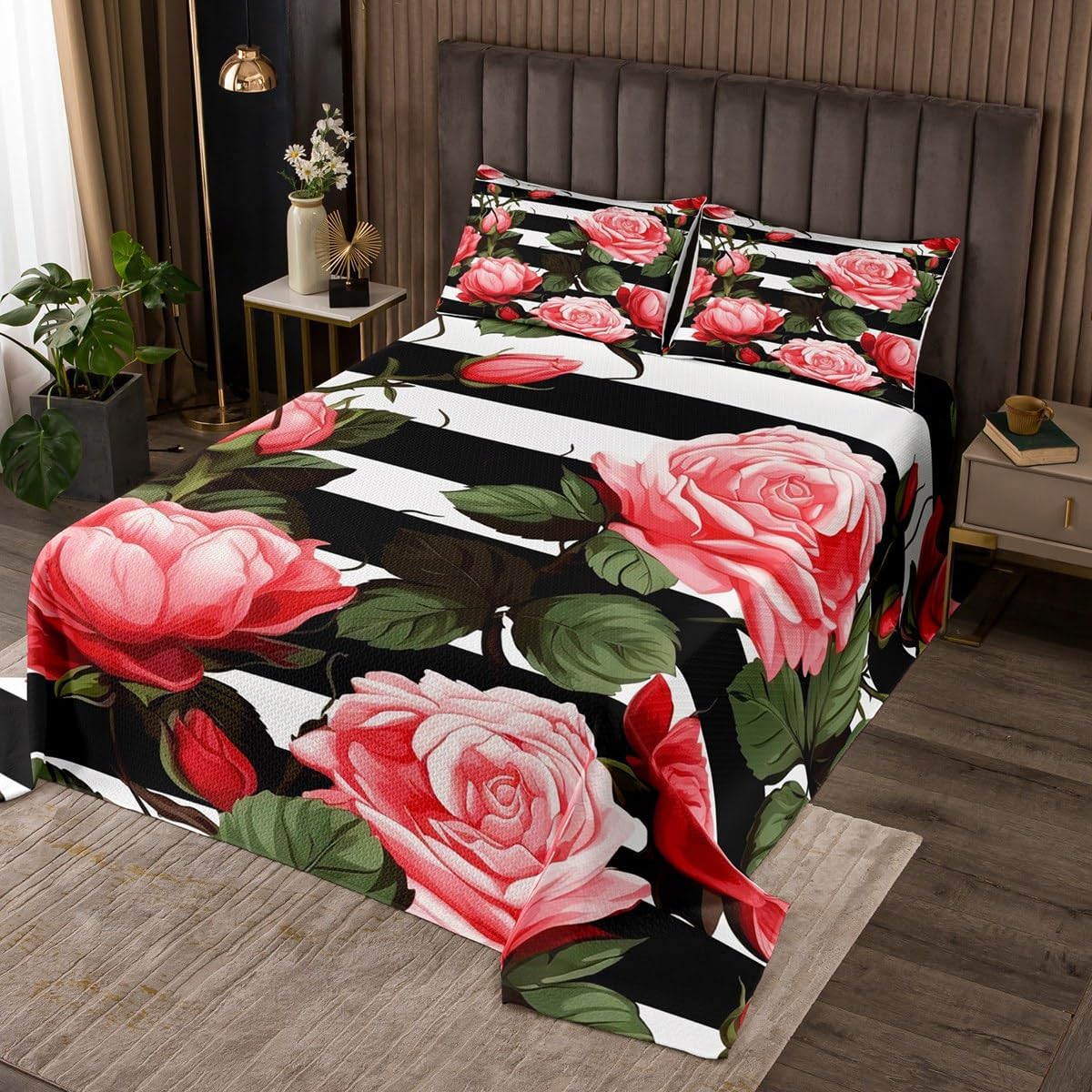 Erosebridal Red and Pink Flower Quilt Set 3Pcs 1