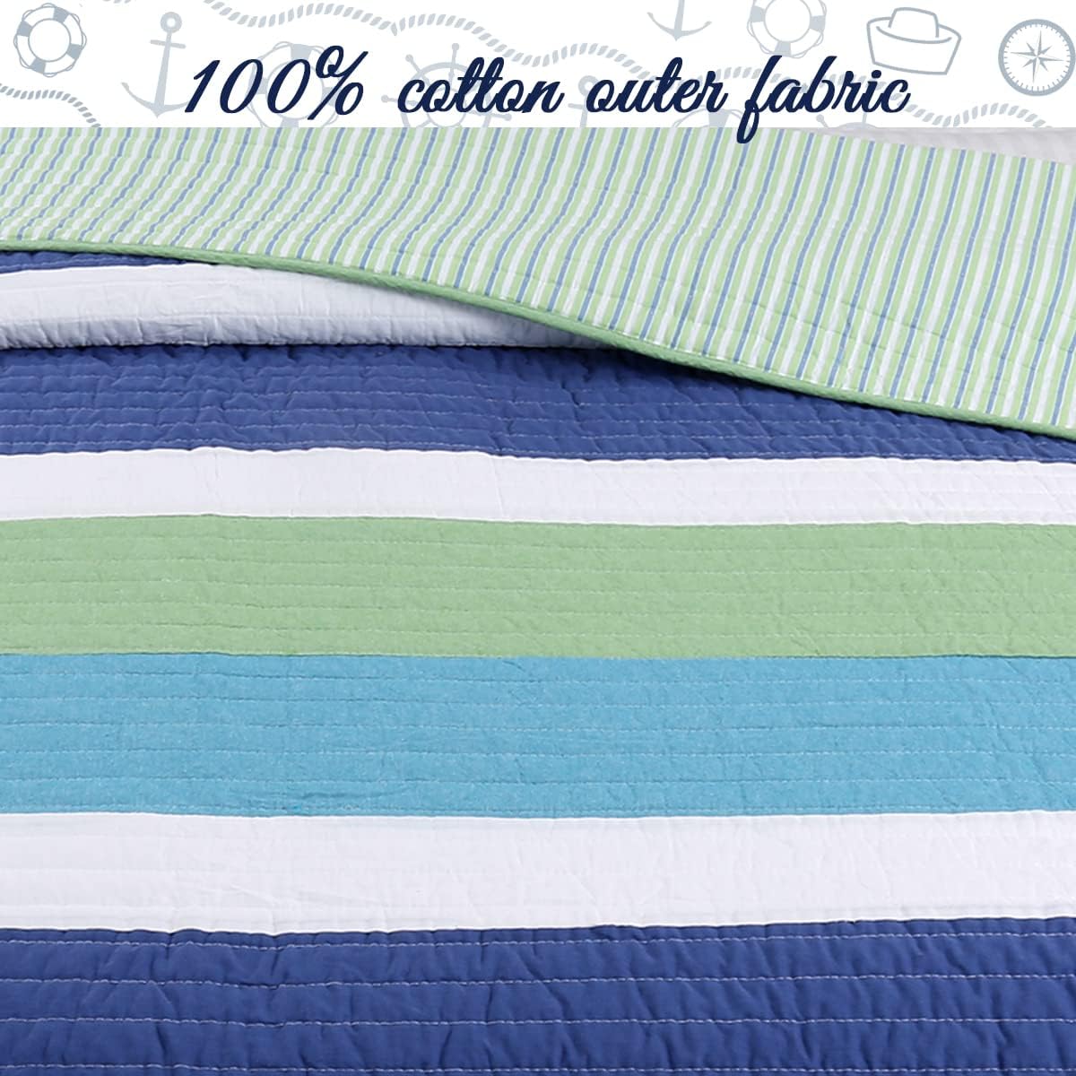Cozy Line Waylon Navy Blue Green White Striped 100 Cotton Reversible Quilt Set