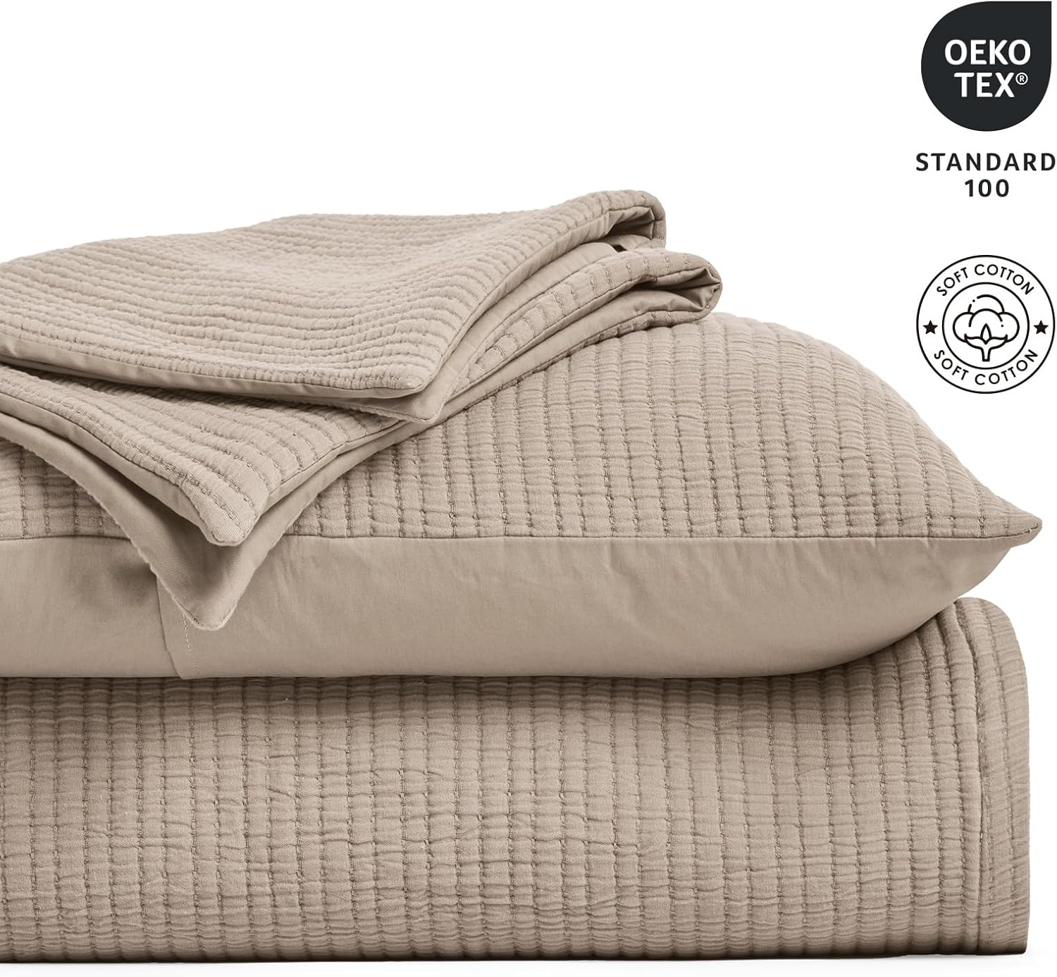 EVERGRACEHOME Cotton Gauze Bedspread Set Khaki Tan 2 Shams