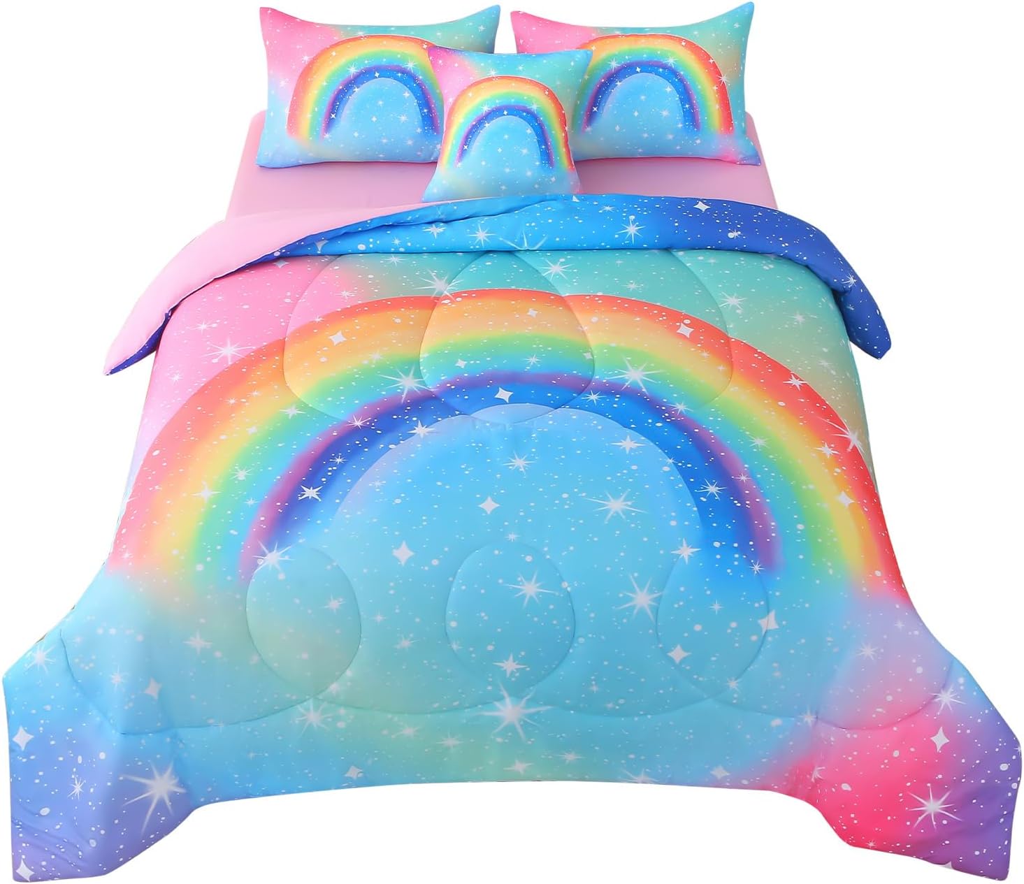 JQinHome Rainbow Comforter Set for Teen Girls