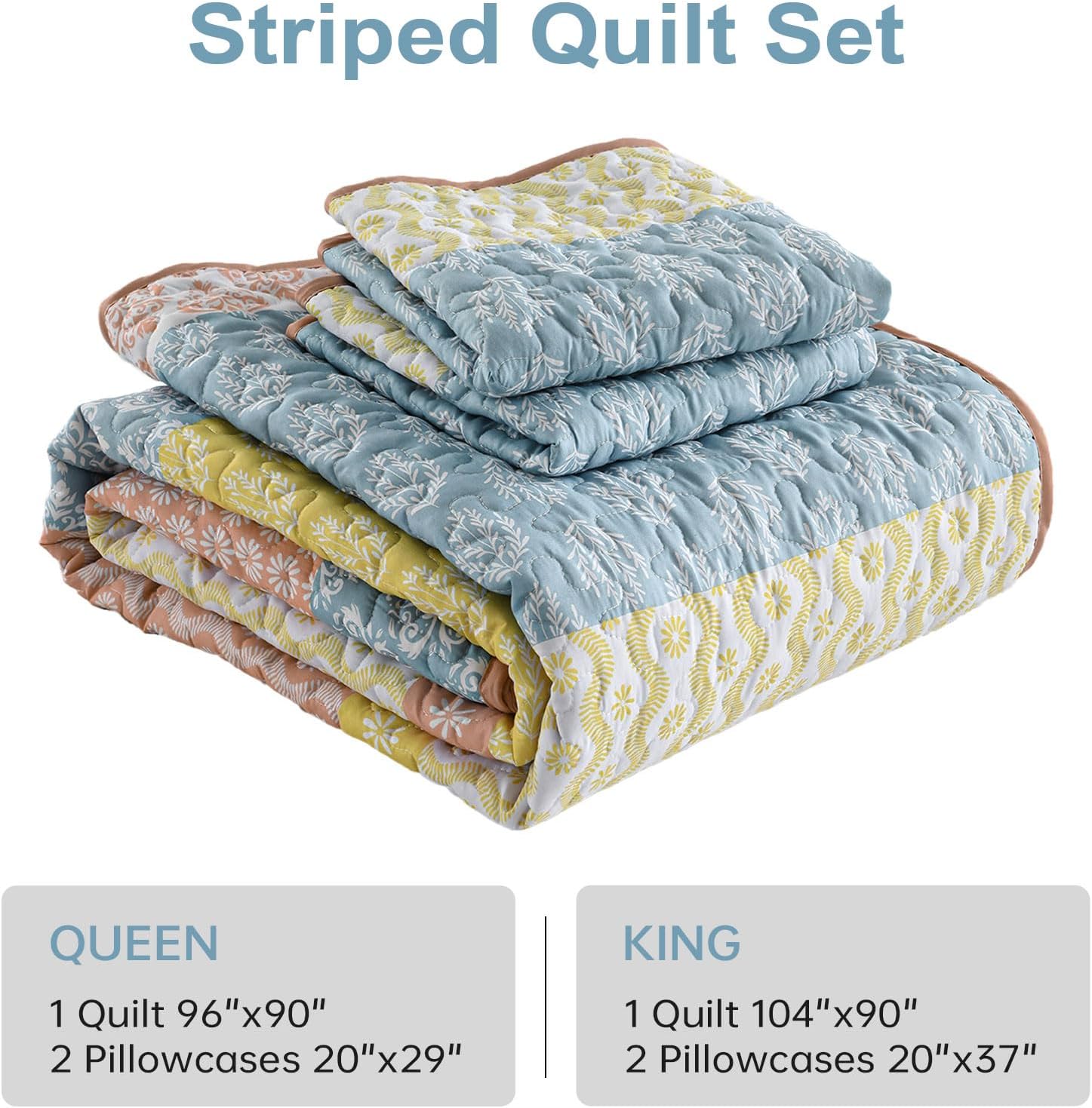 Boho Queen Quilt Set with 3 Pieces Striped Coverlet
