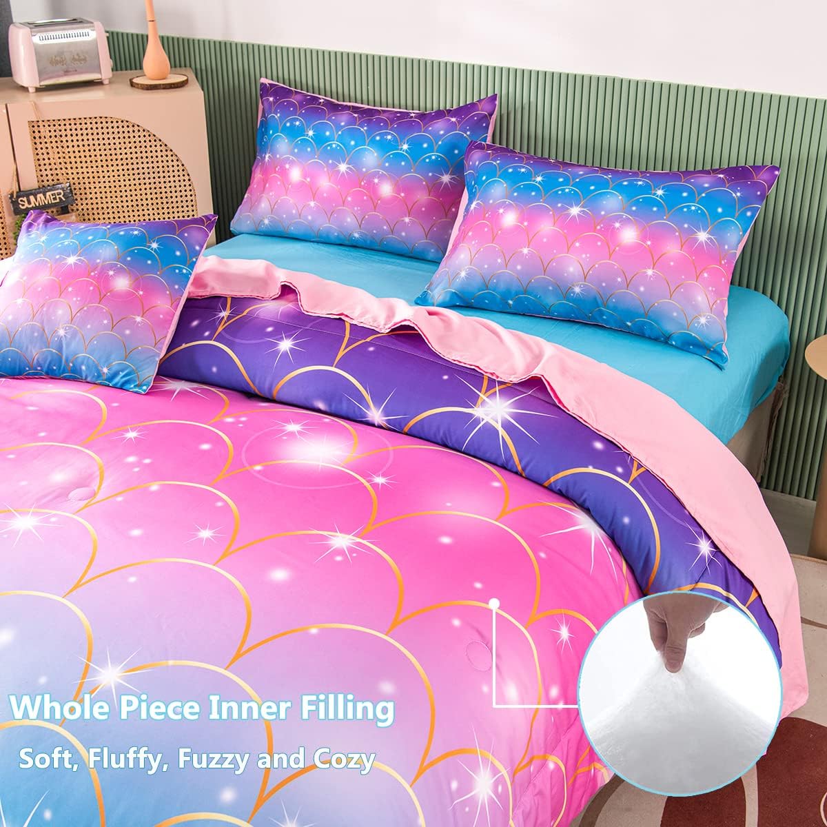 PERFEMET Pink Mermaid Comforter Set Full Size 6 Pieces