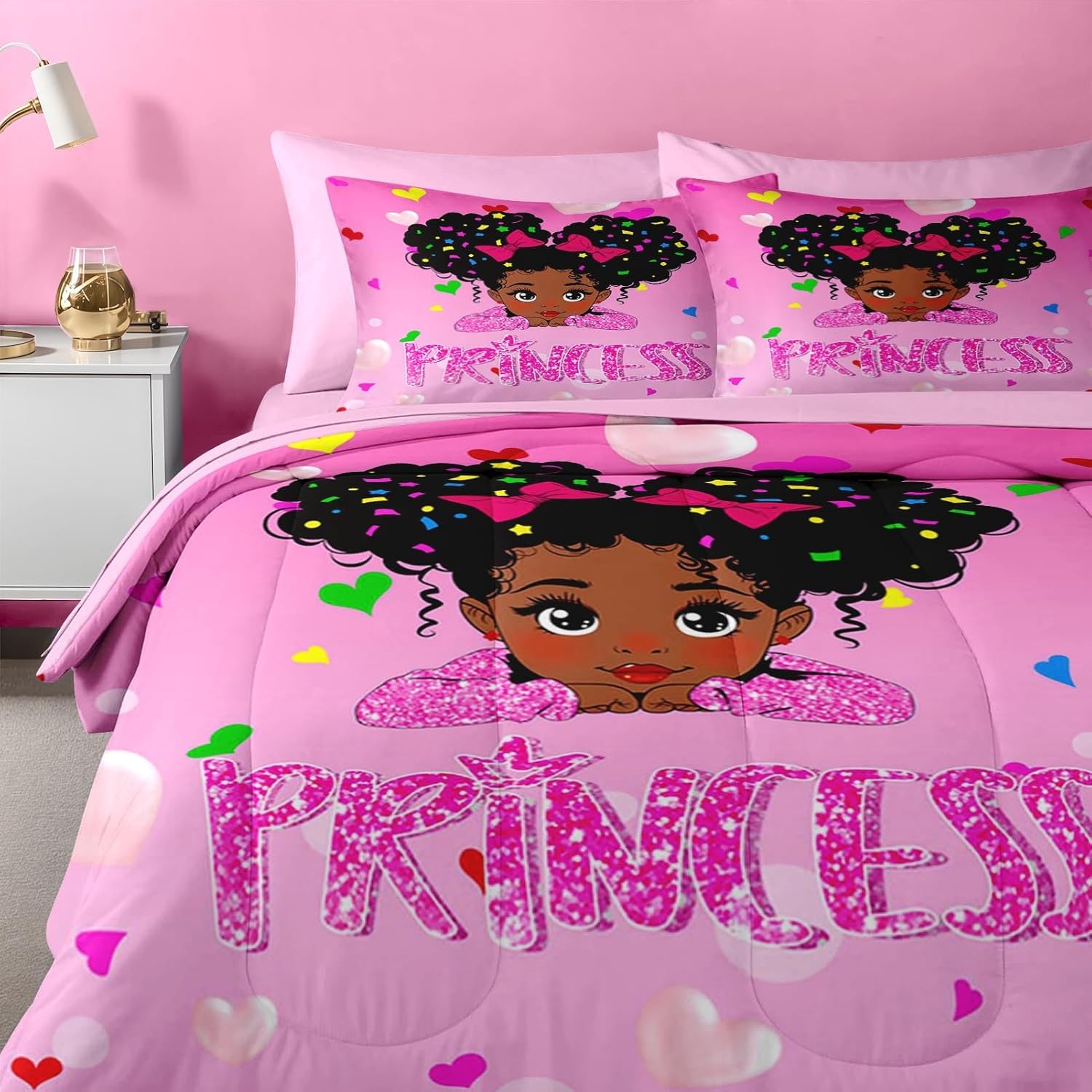 Nesker 5 Pcs Comforter Set Twin Size Pink Princess
