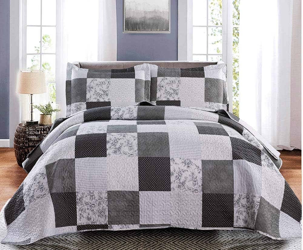 Jessy Home Modern Queen Bedspread Quilt Set - Grey Paisley Floral Plaid Reversible