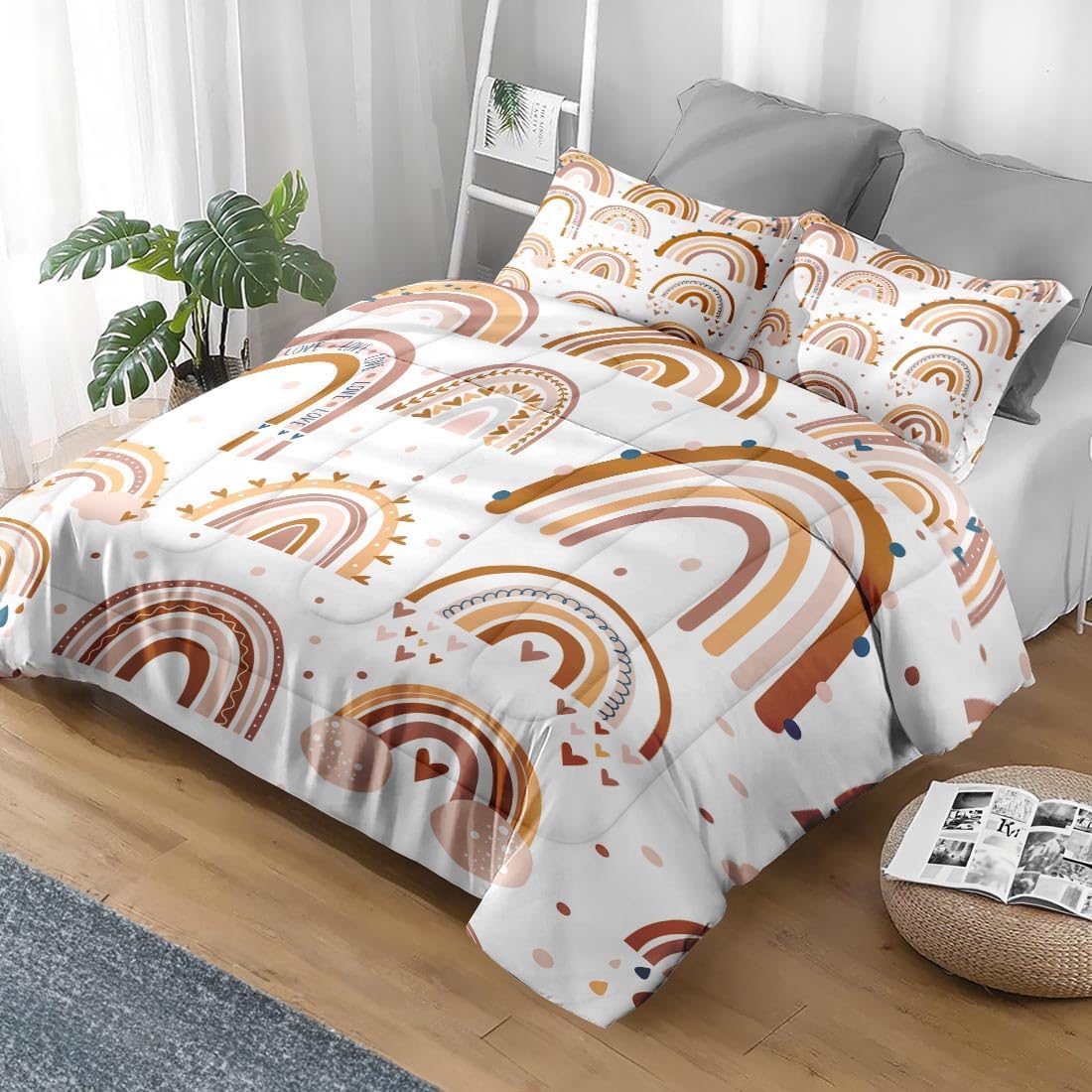 Pamnest Comforter Set Twin Size Boho Rainbow Pink