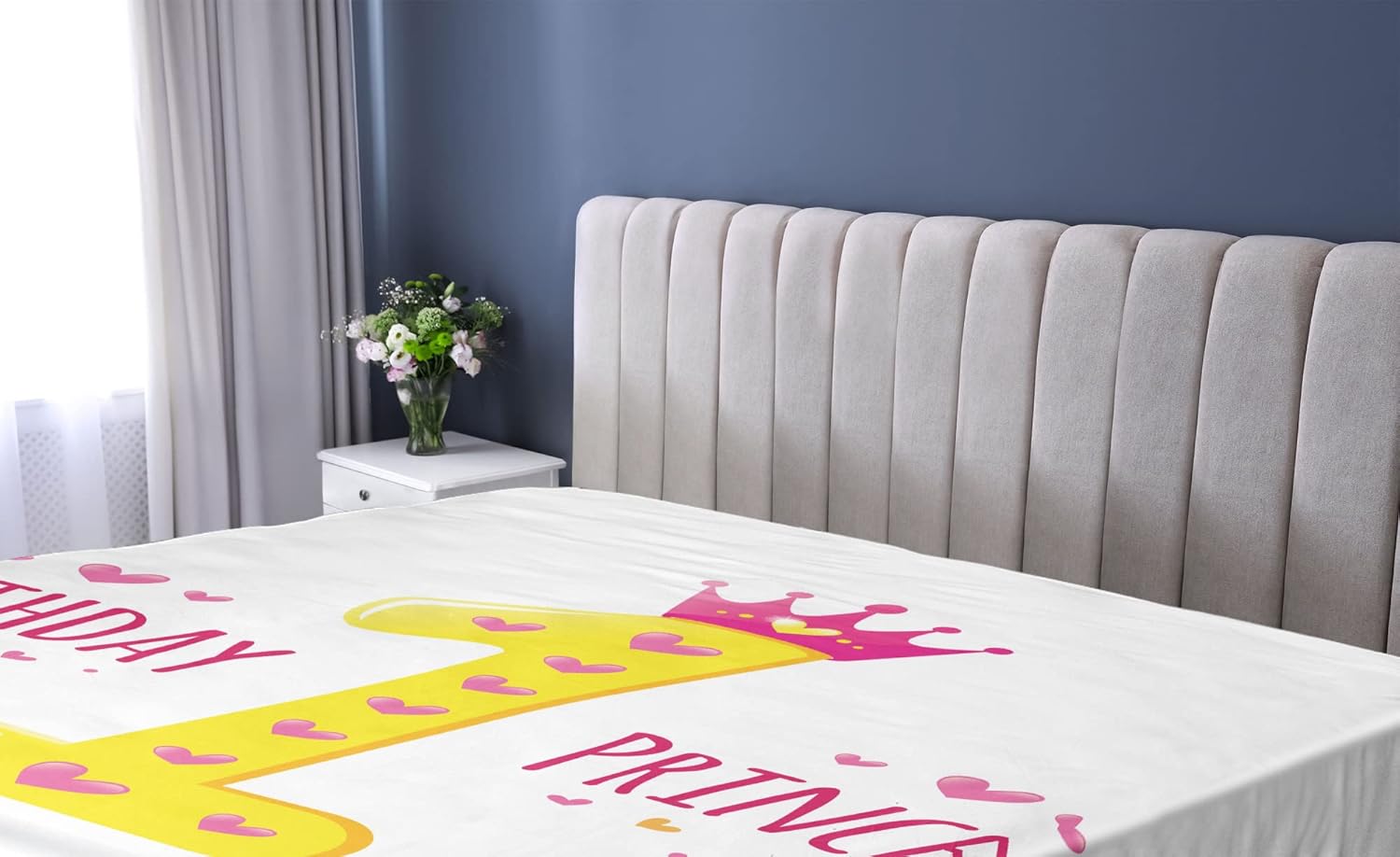 Ambesonne 1st Birthday Fitted Sheet Set - Yellow Hot Pink Cartoon Girl Design