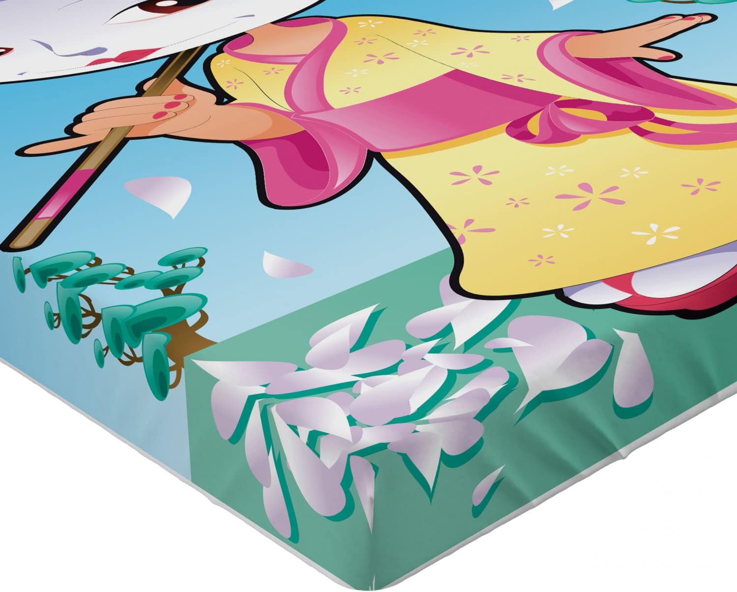 Ambesonne California King Sheet with Geisha Cartoon Print