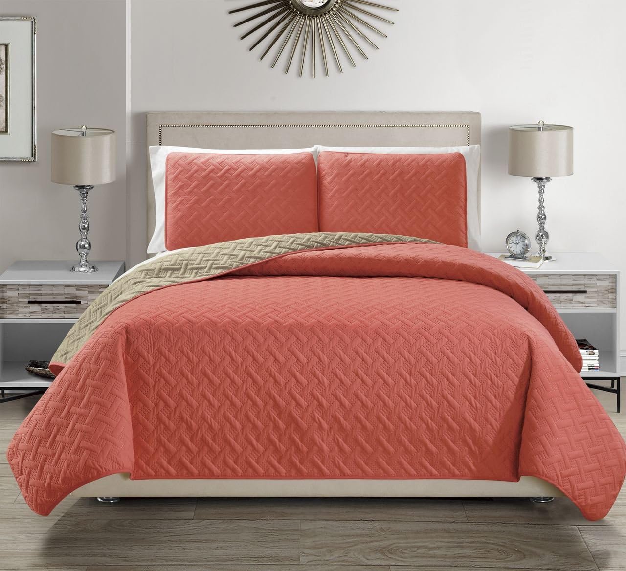 KingLinen Embossed Coral Reversible Quilt Set Cal King 1