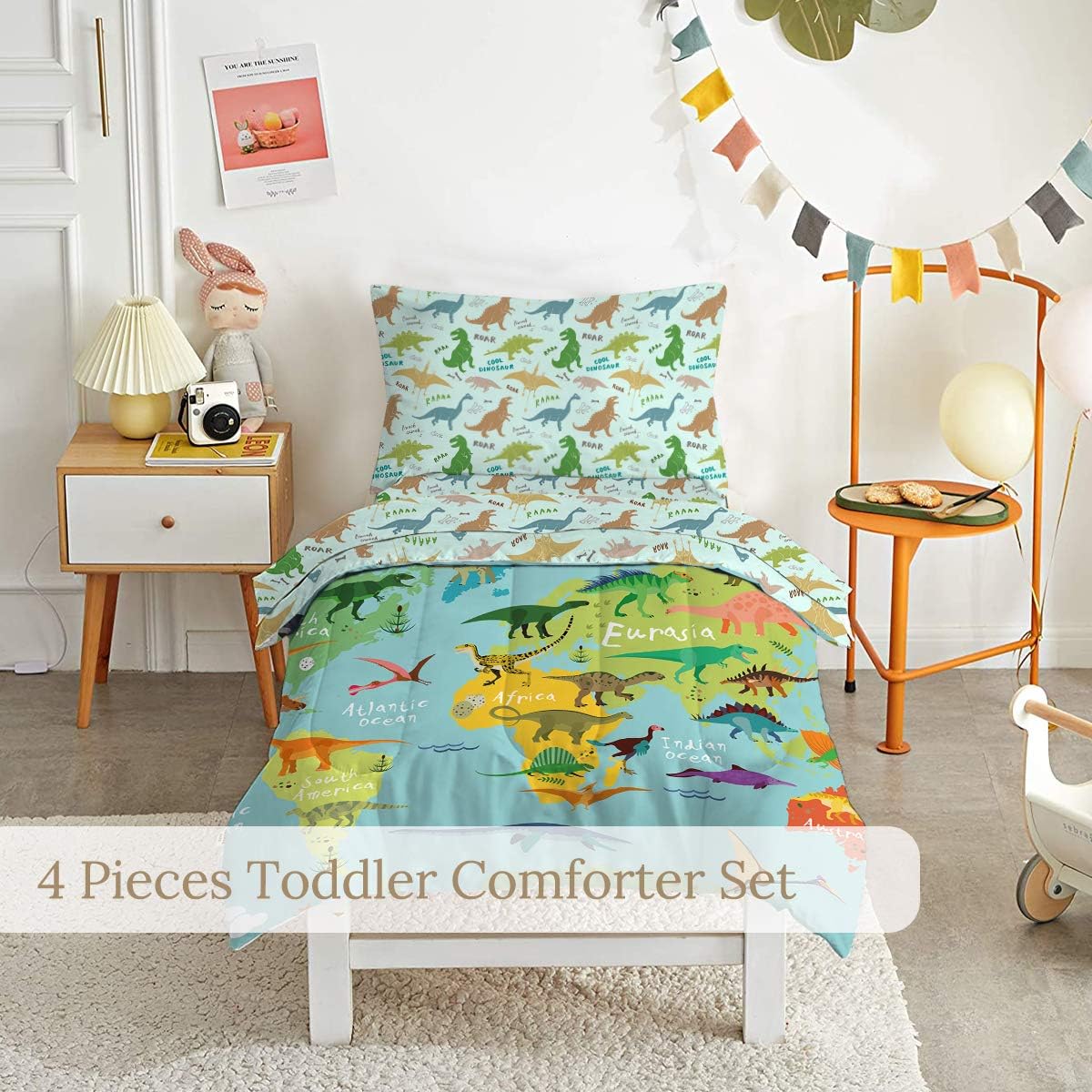 BlessLiving Toddler Bedding Set - Dinosaur Map Green 4 Piece