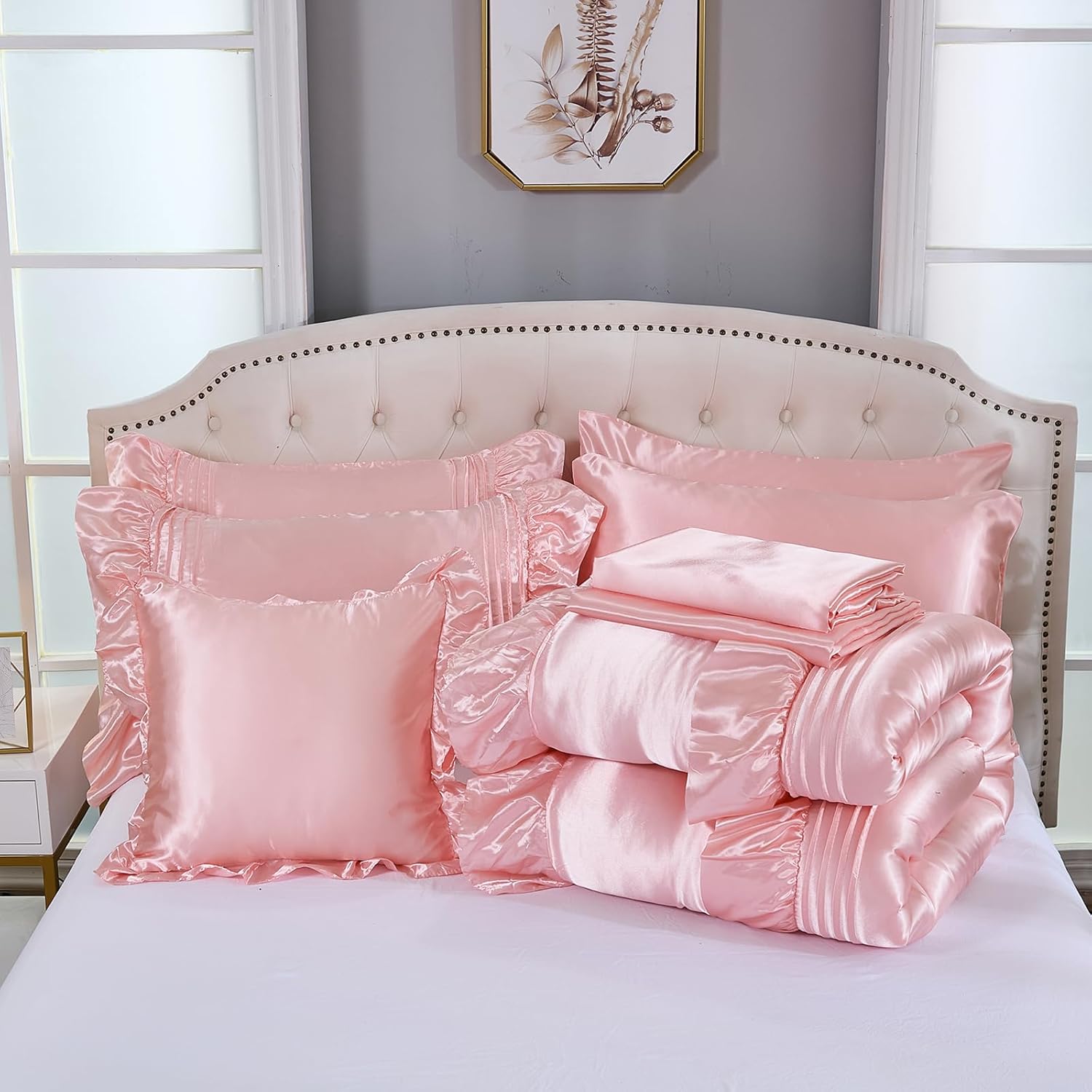 Bedbay Pink Satin 8-Piece Queen Comforter Set 1