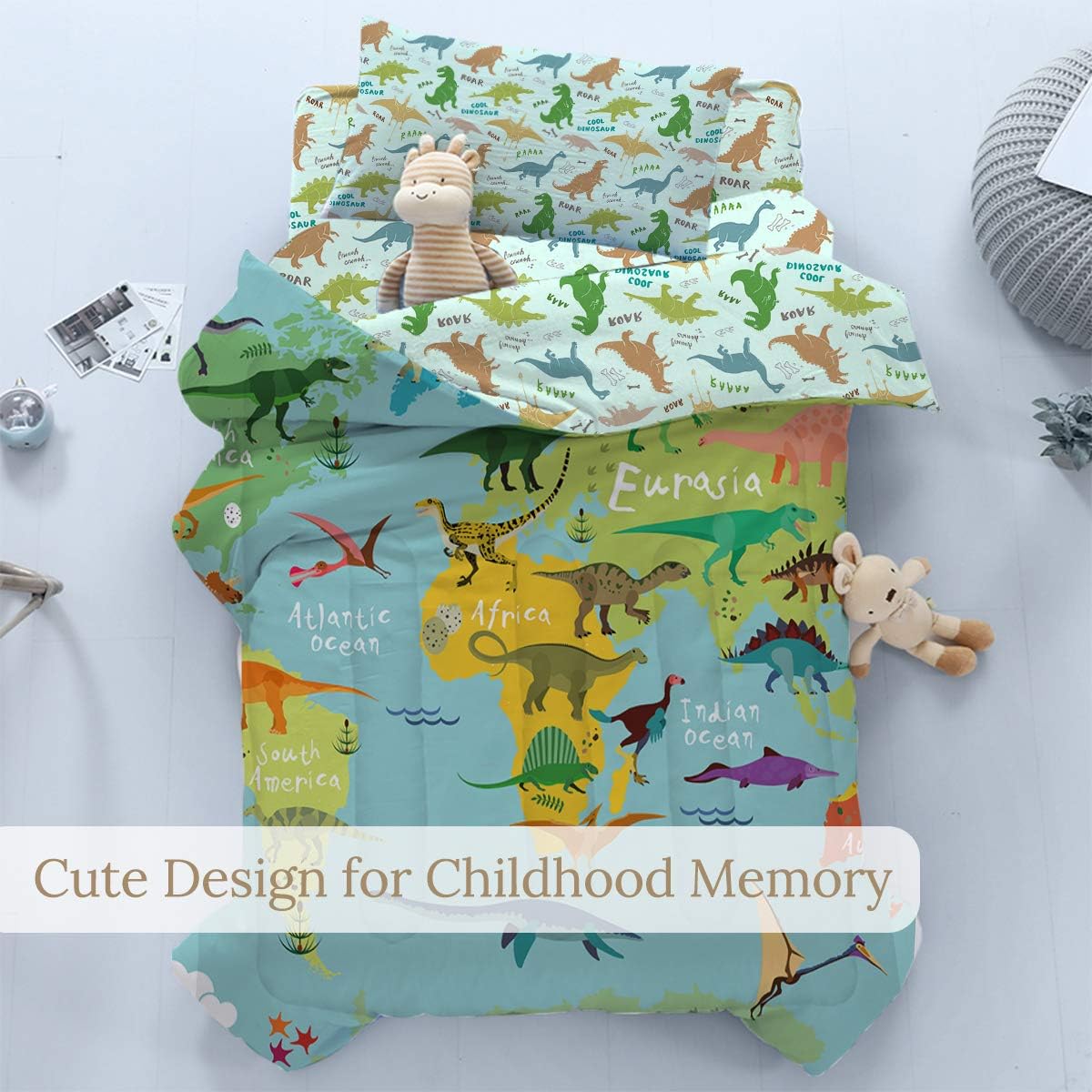 BlessLiving Toddler Bedding Set - Dinosaur Map Green 4 Piece