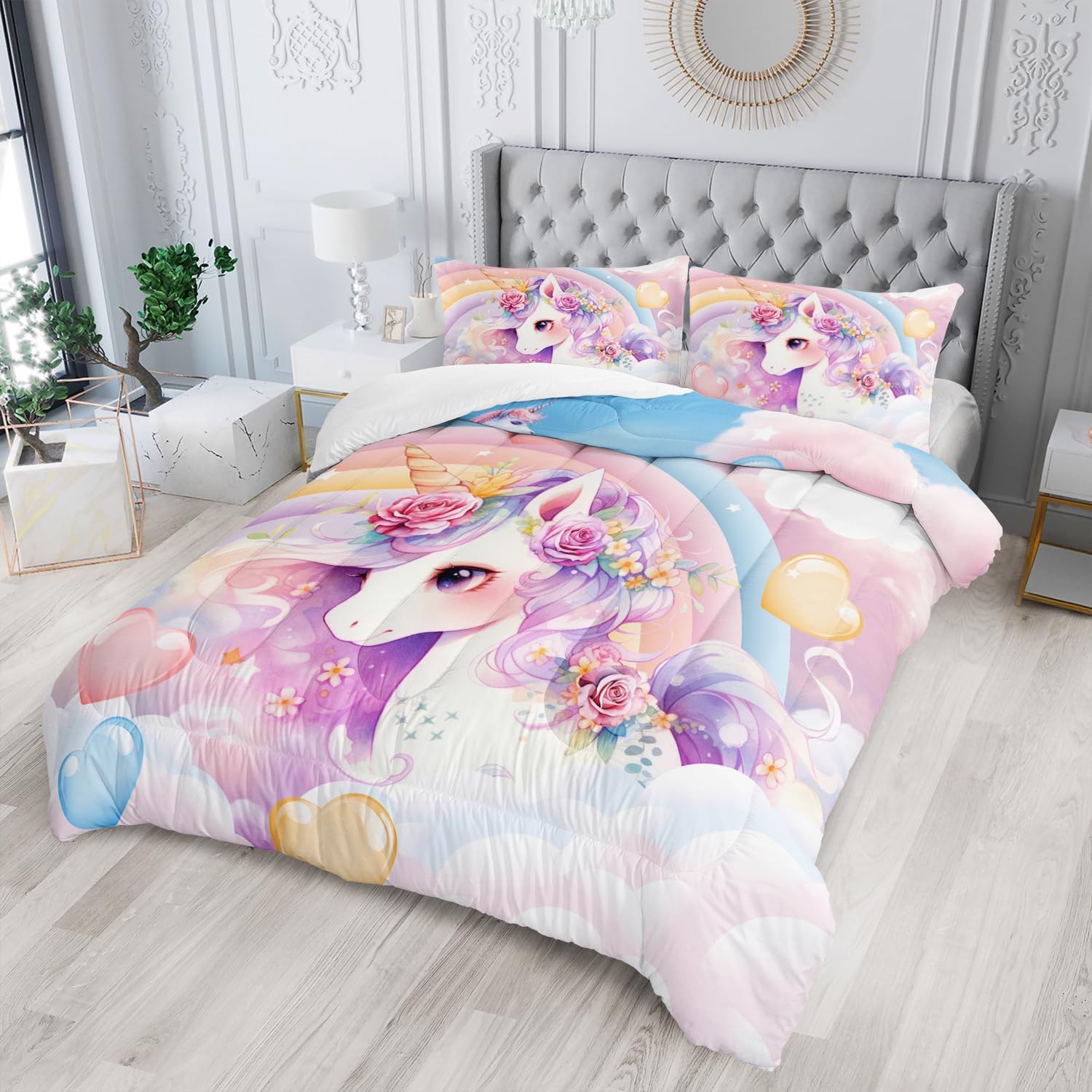 Kawaii Rainbow Unicorn 3-Piece Comforter Set Twin