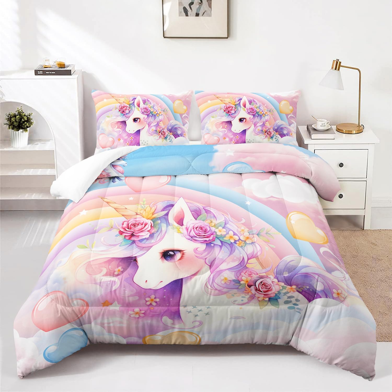 Kawaii Rainbow Unicorn 3-Piece Comforter Set Twin