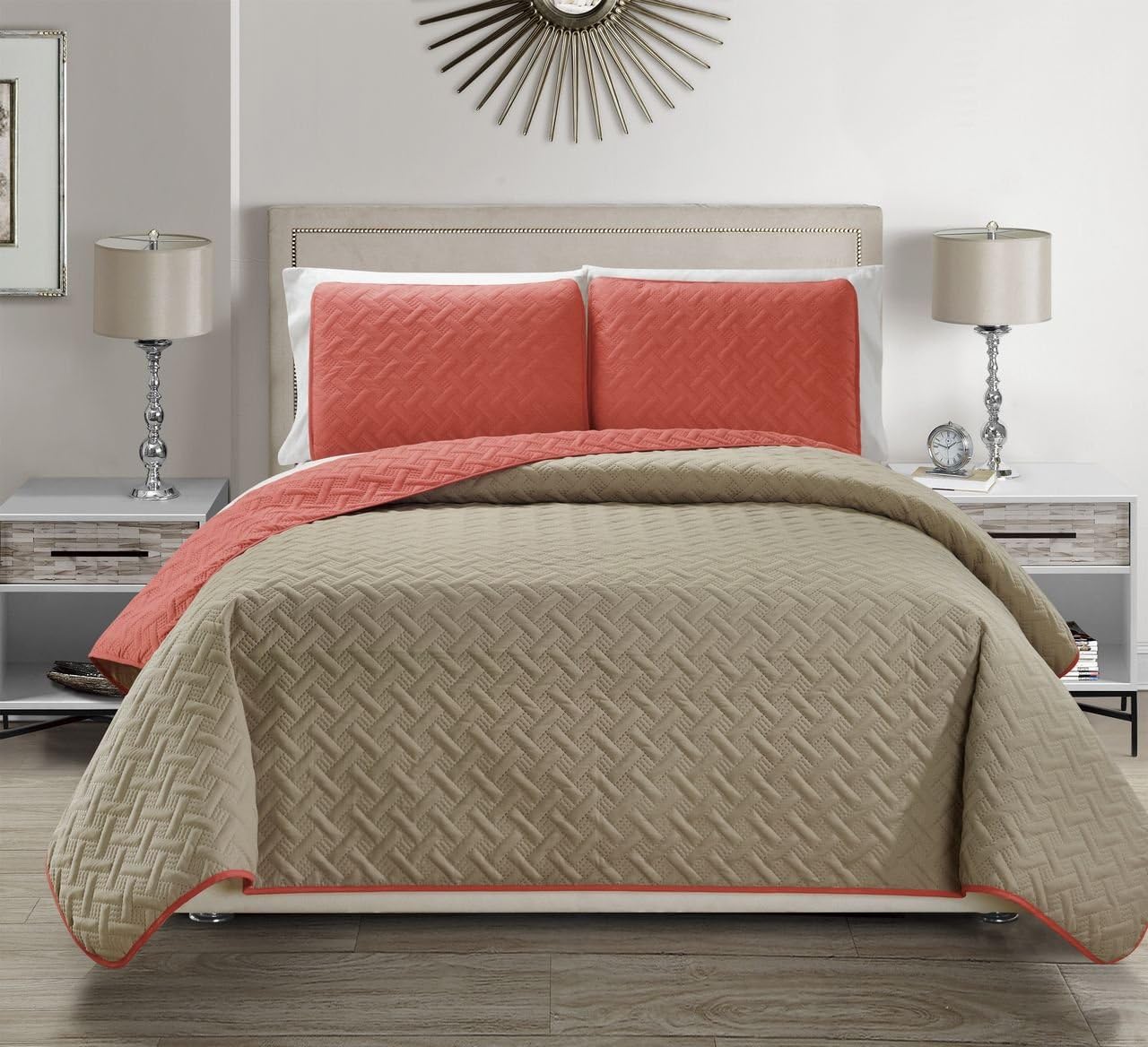 KingLinen Embossed Coral Reversible Quilt Set Cal King 1