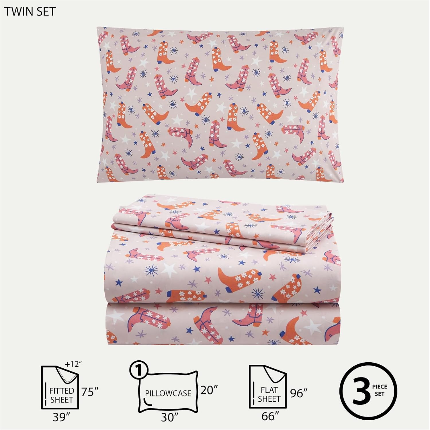 Urban Lifestyle 3 Piece Twin Sheet Set with Cowboy Boots Design