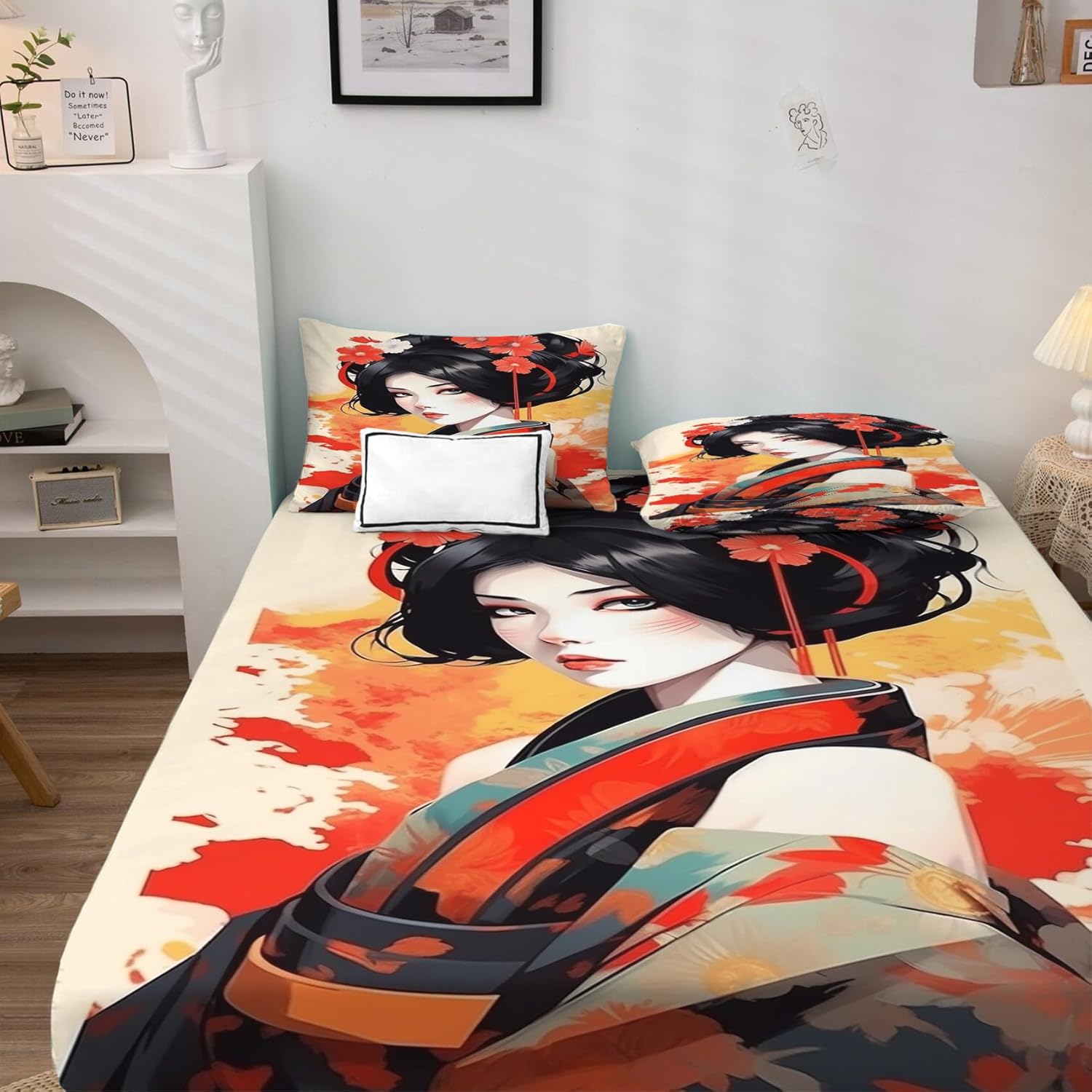 Japanese Sheets California King Set - Patterned Microfiber Sheets Pillowcases Wrinkle Free Soft