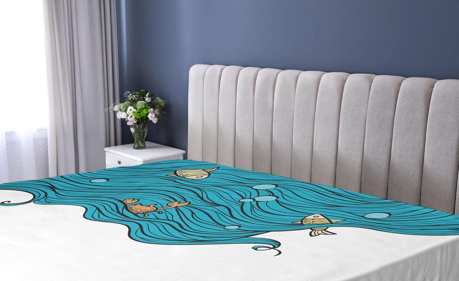 Ambesonne Petrol Blue Kids Sheet Set with Oceanic Fishes and Crabs Design