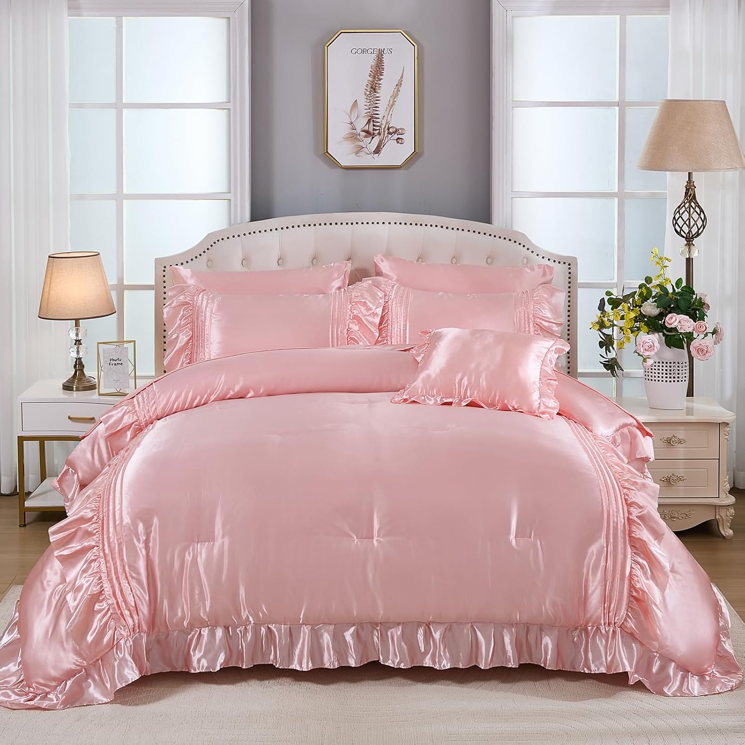 Bedbay Pink Satin 8-Piece Queen Comforter Set 1