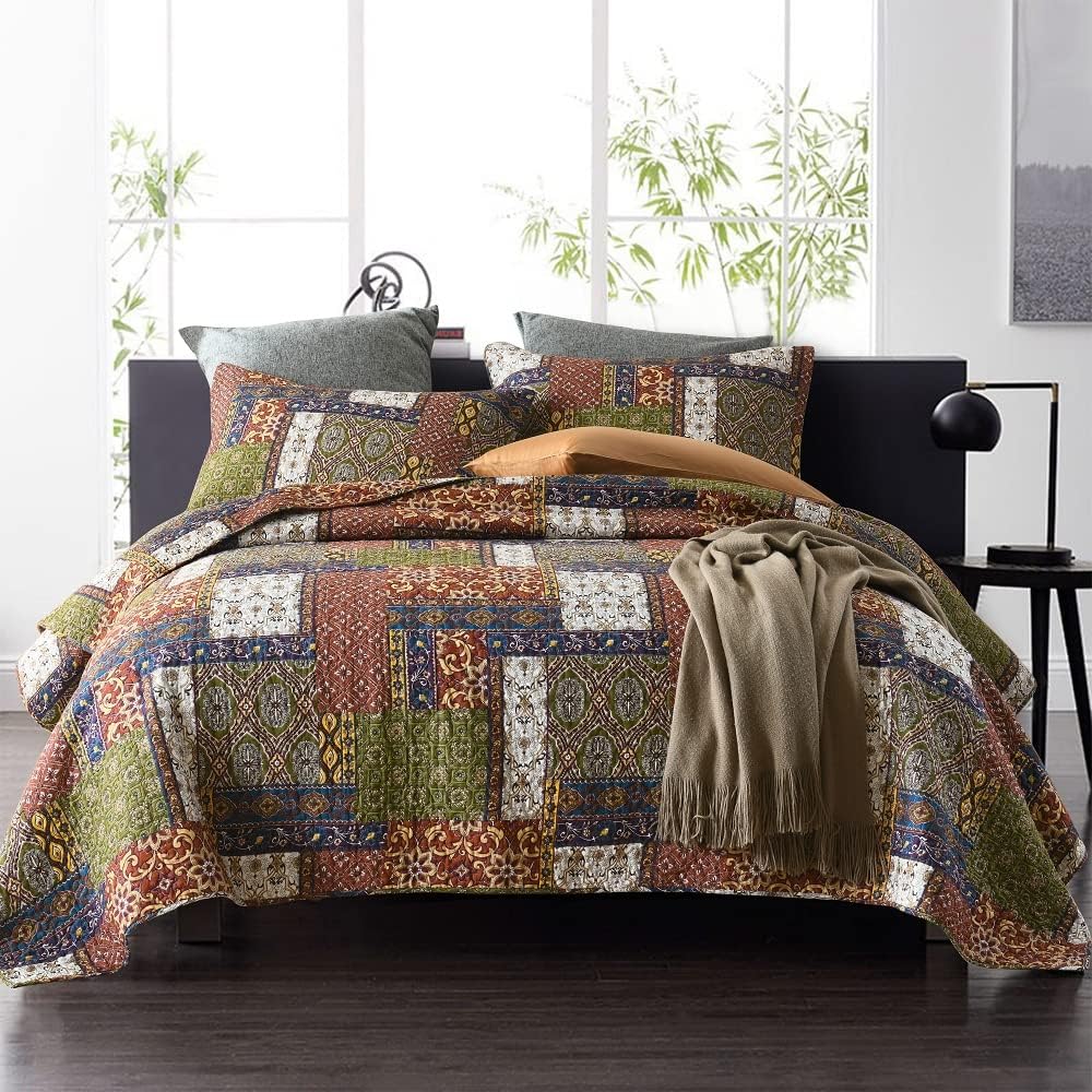 VISIMISI Cotton Reversible Patchwork Bedspread Set Brown Queen Size