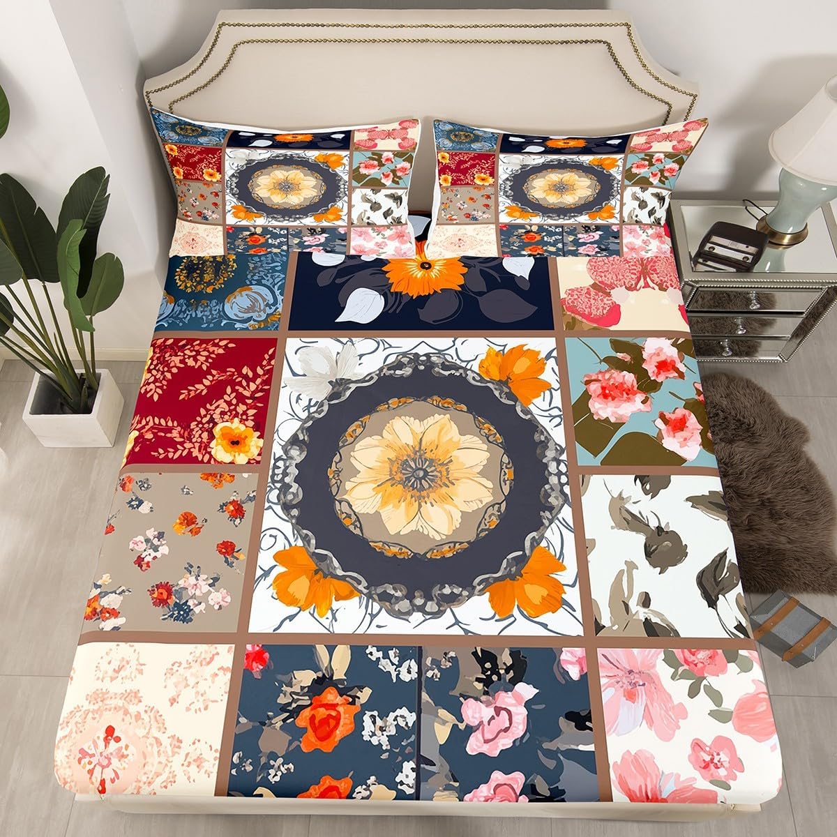 Boho Floral Patchwork Fitted Sheet Set Twin Size