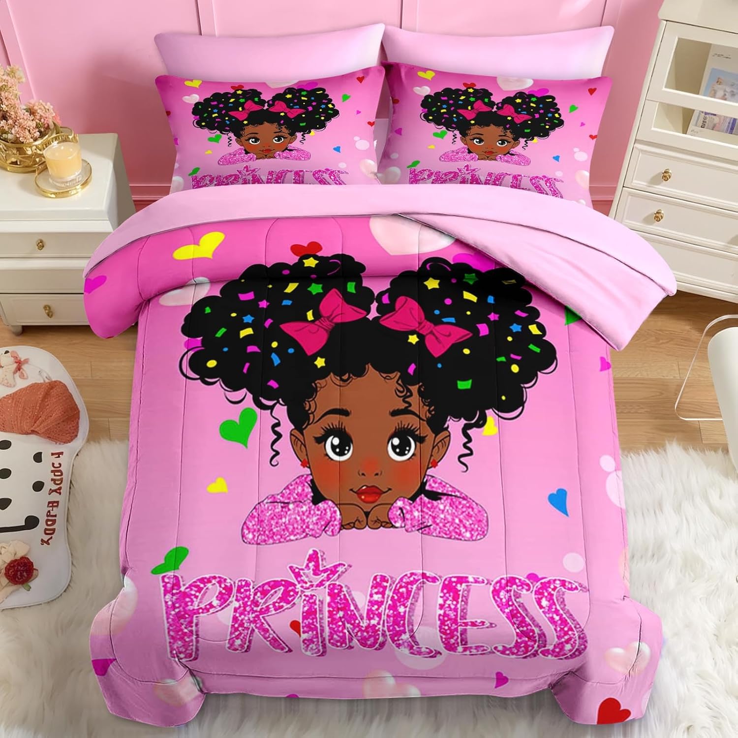 Nesker 5 Pcs Comforter Set Twin Size Pink Princess