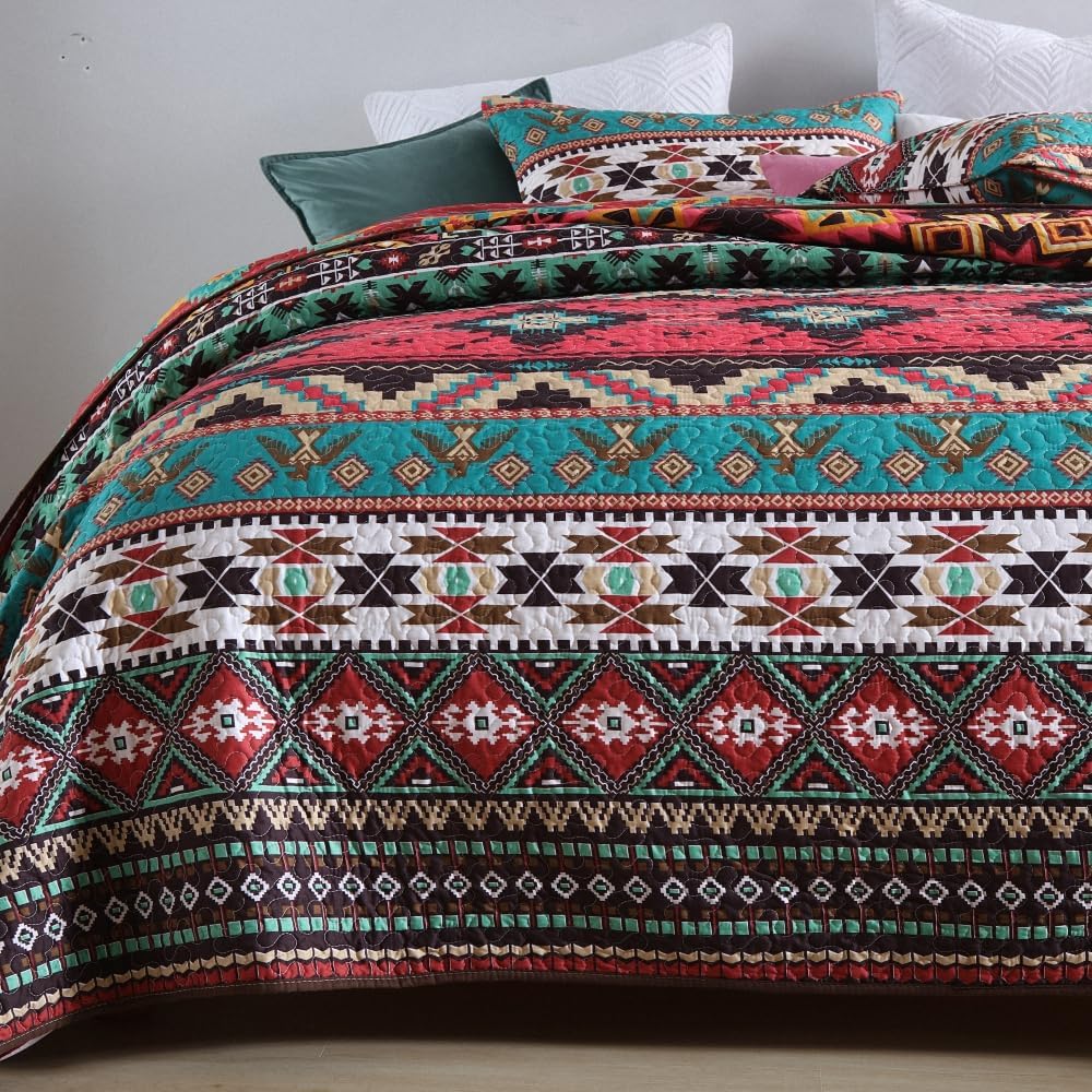 ENASAL Reversible Striped Bohemian Bedspread Set King Size