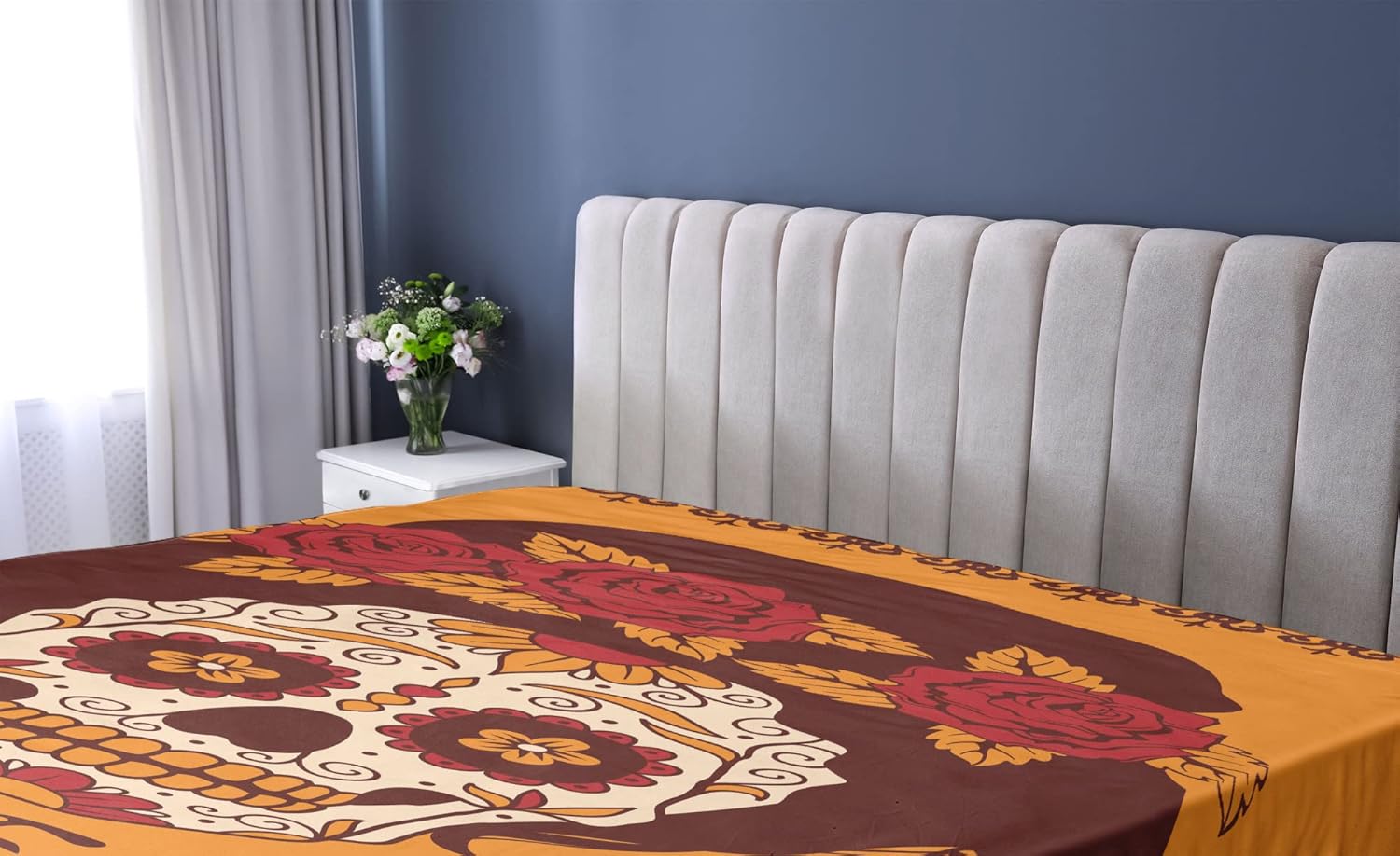 Ambesonne Sugar Skull Fitted Sheet - California King Brown Marigold