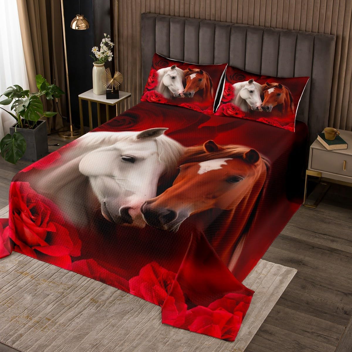 Erosebridal Brown White Horse Quilt Set