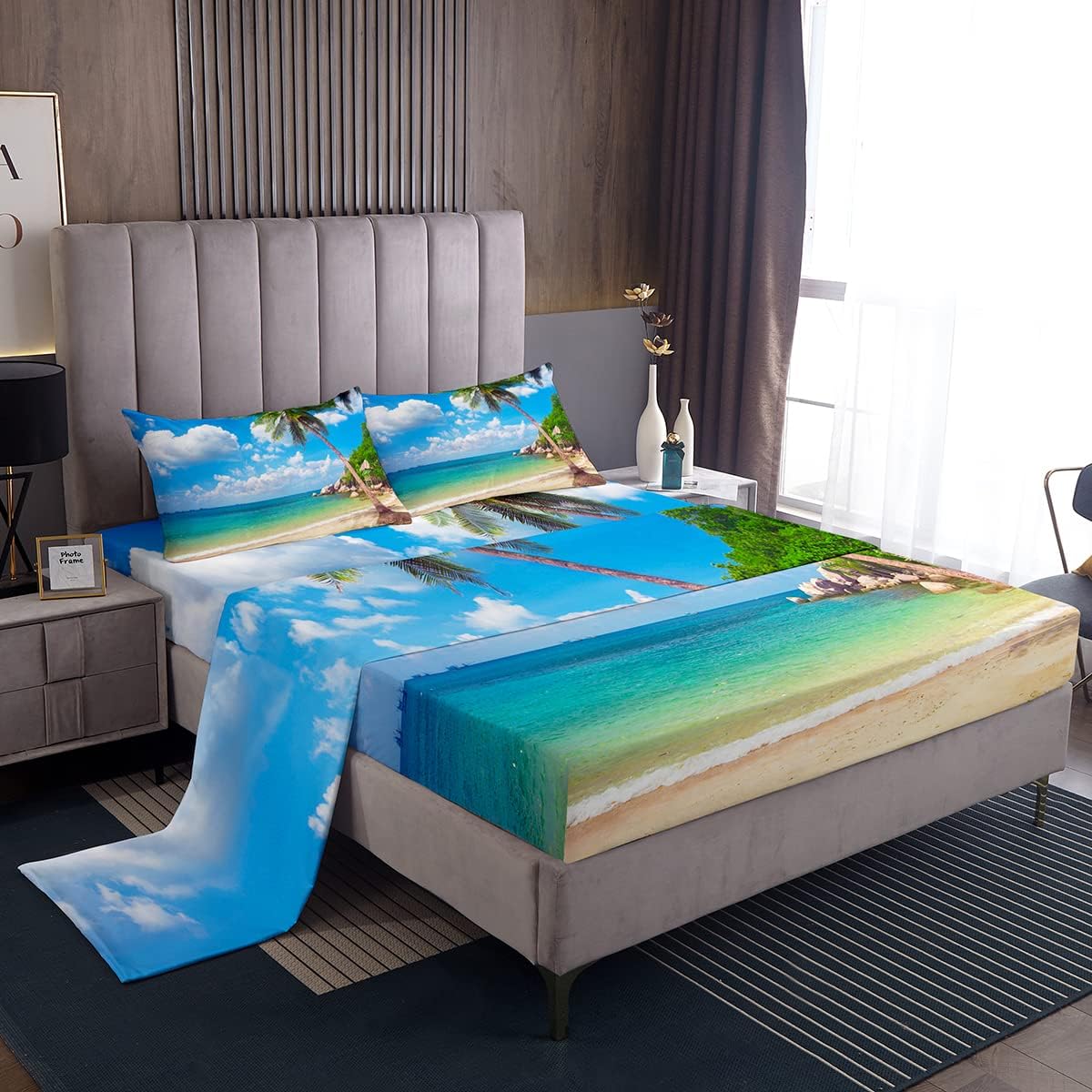 Erosebridal Ocean Beach King Size Sheet Set with Palm Trees