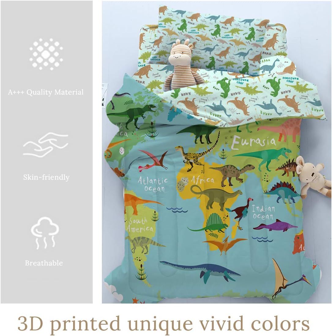 BlessLiving Toddler Bedding Set - Dinosaur Map Green 4 Piece