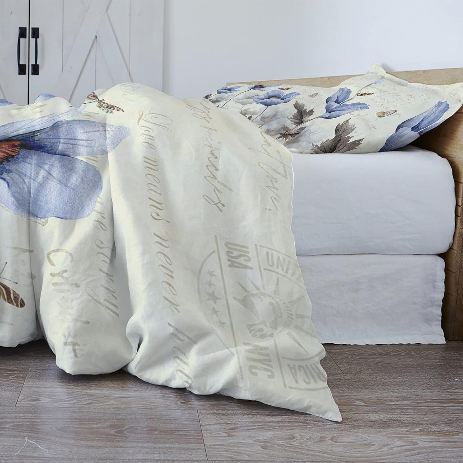 OComster California King Duvet Cover Set - Blue Tulip Flower 3 Pieces