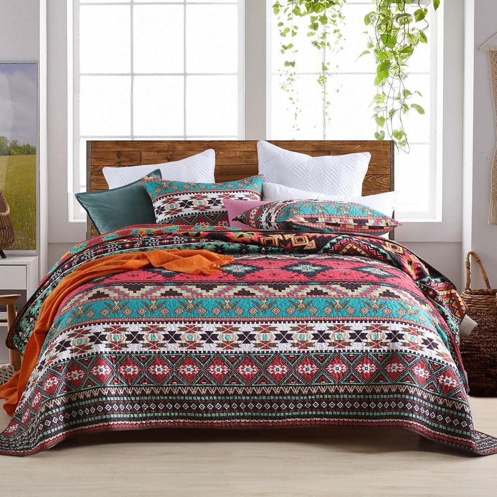 ENASAL Reversible Striped Bohemian Bedspread Set King Size