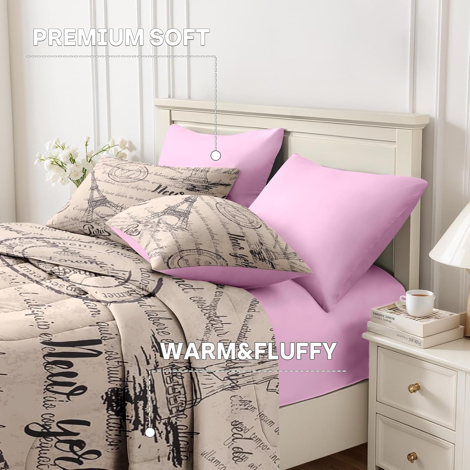 Nesker 7 Pcs Queen Comforter Set with Eiffel Tower Design