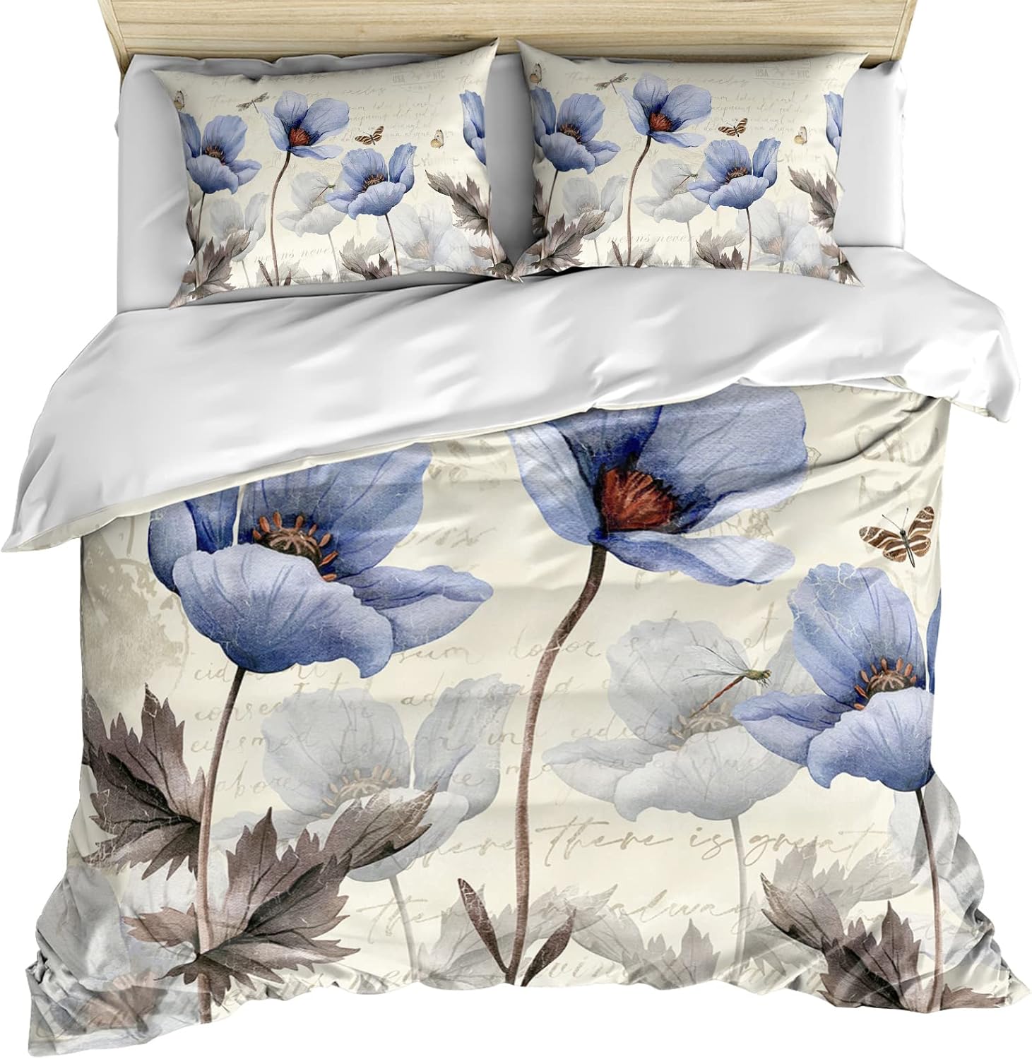 OComster California King Duvet Cover Set - Blue Tulip Flower 3 Pieces