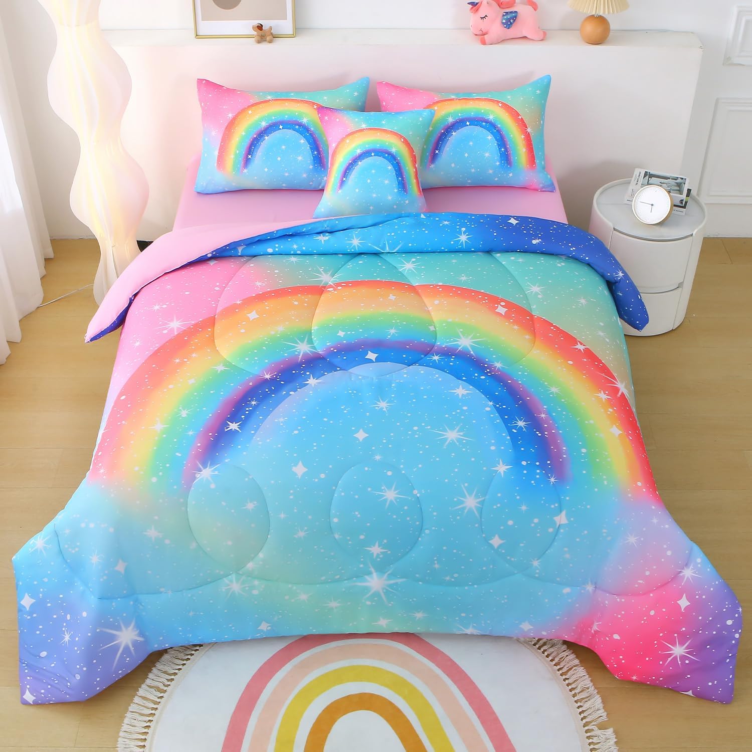 JQinHome Rainbow Comforter Set for Teen Girls