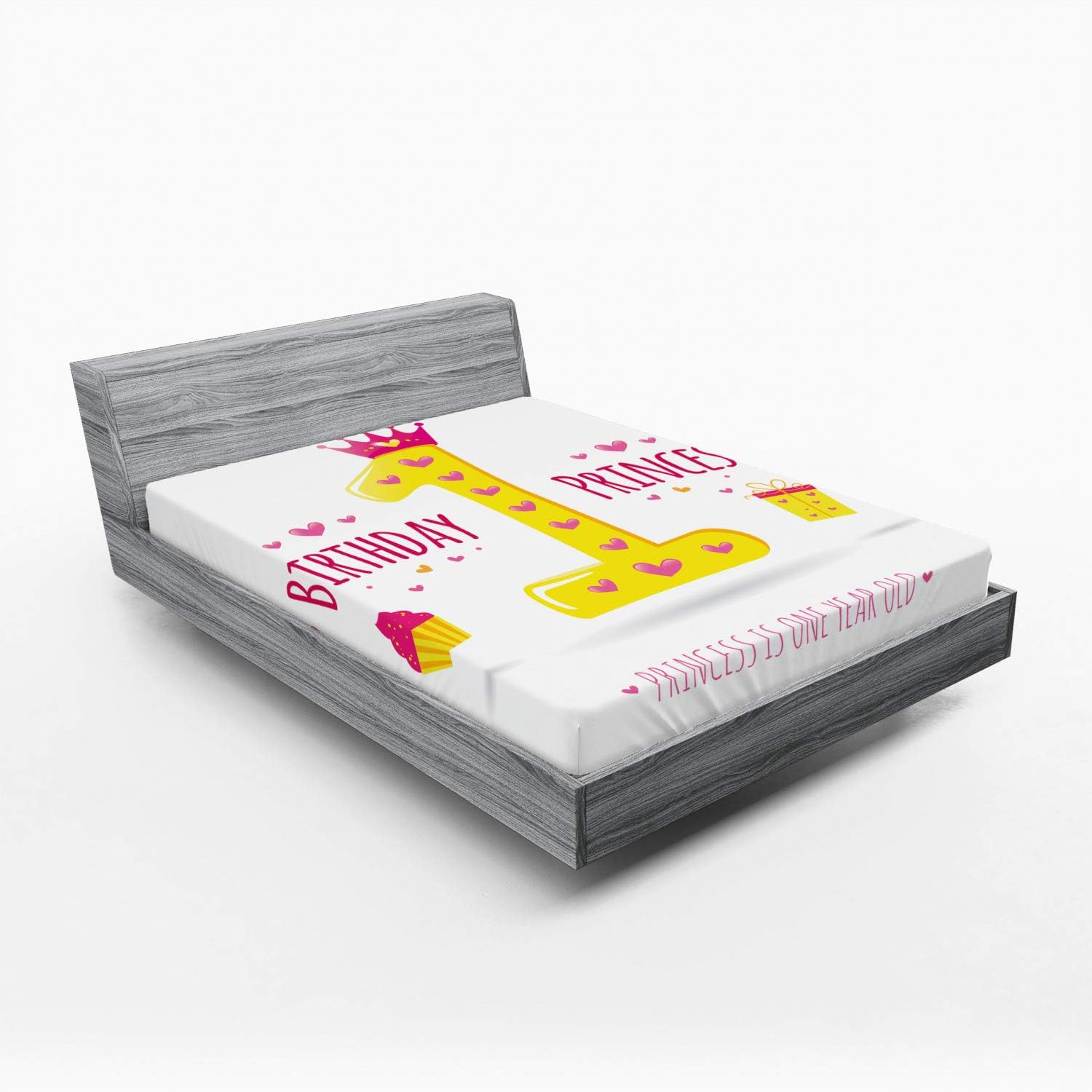 Ambesonne 1st Birthday Fitted Sheet Set - Yellow Hot Pink Cartoon Girl Design