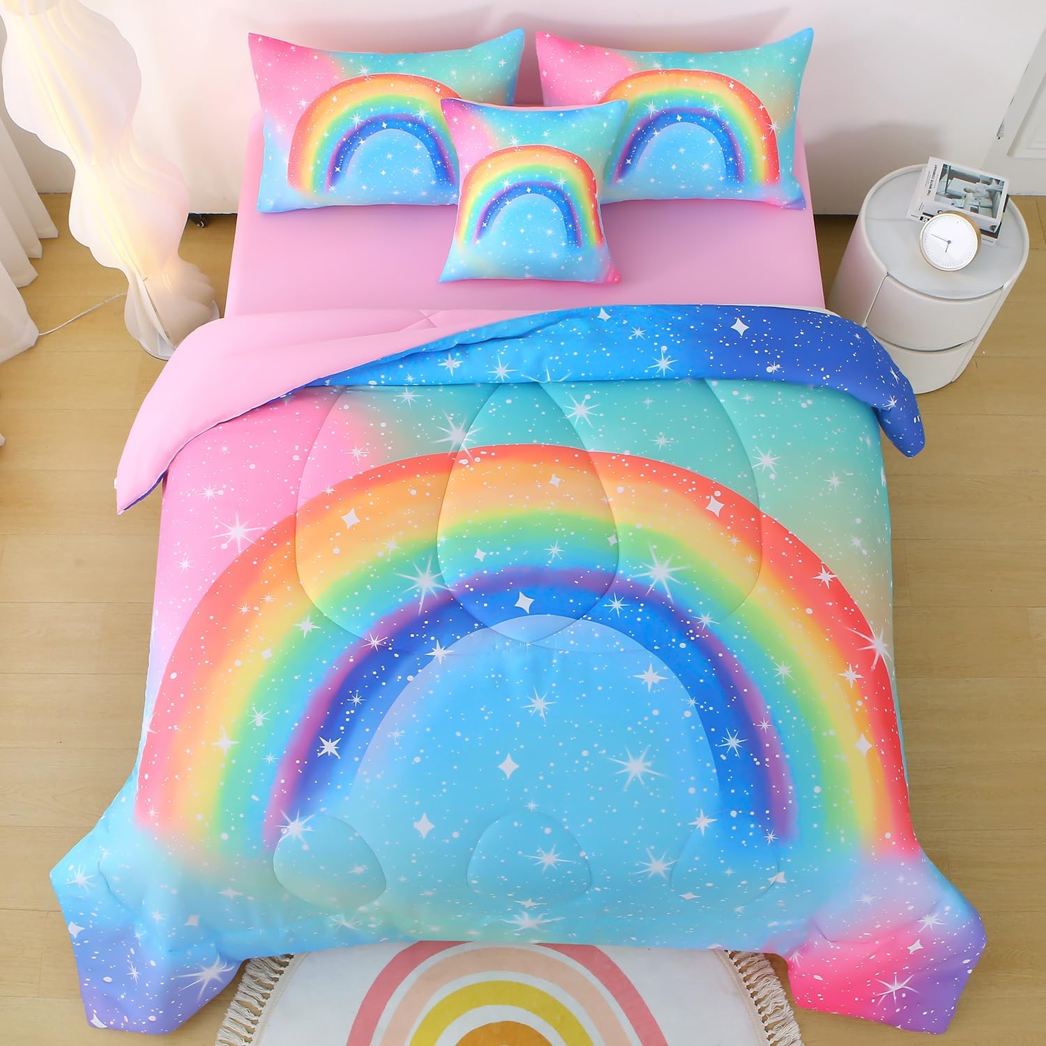 JQinHome Rainbow Comforter Set for Teen Girls