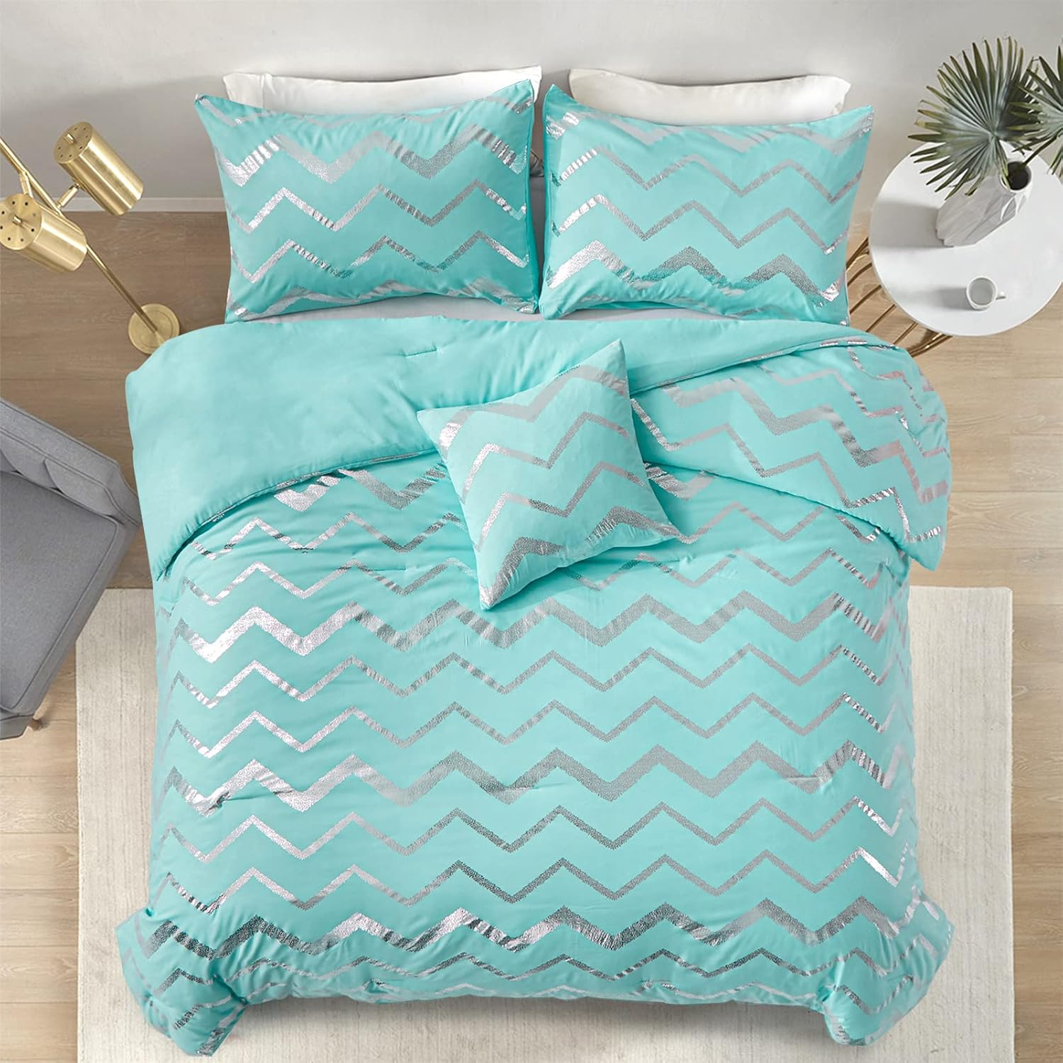 Menghomeus Aqua Comforter Set Twin XL Teal and Silver