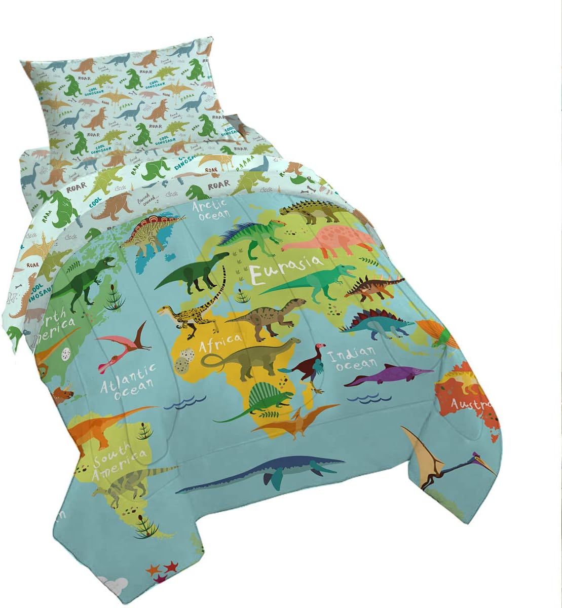 BlessLiving Toddler Bedding Set - Dinosaur Map Green 4 Piece