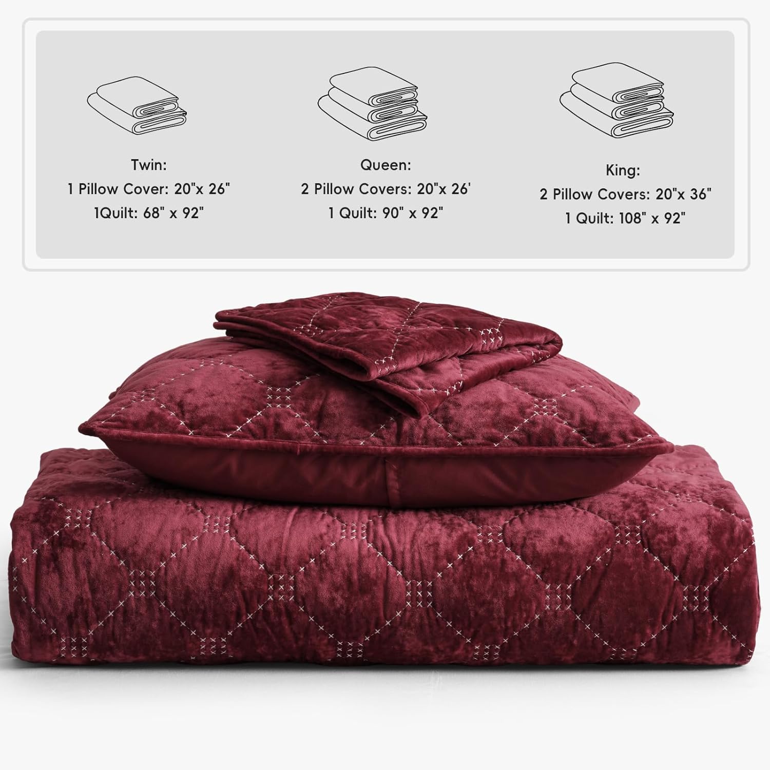 PHF Wine Red Velvet Quilt Set Twin Size