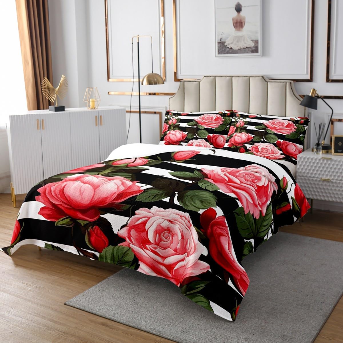 Erosebridal Red and Pink Flower Quilt Set 3Pcs 1