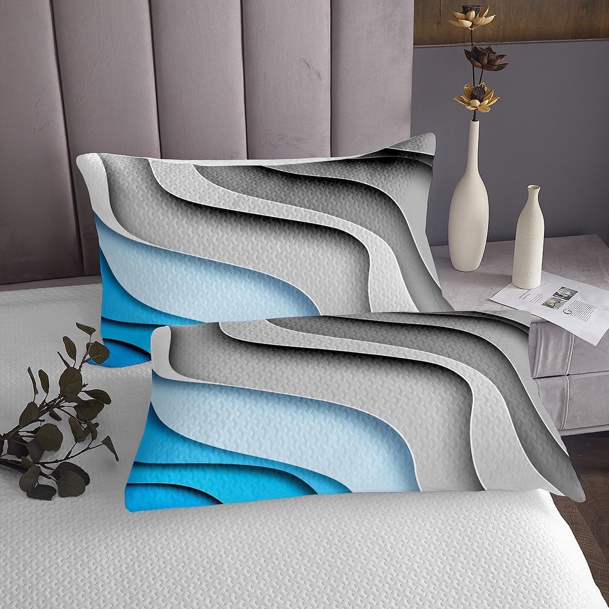 Erosebridal Blue Stripe King Quilt Set with Grey Coverlet
