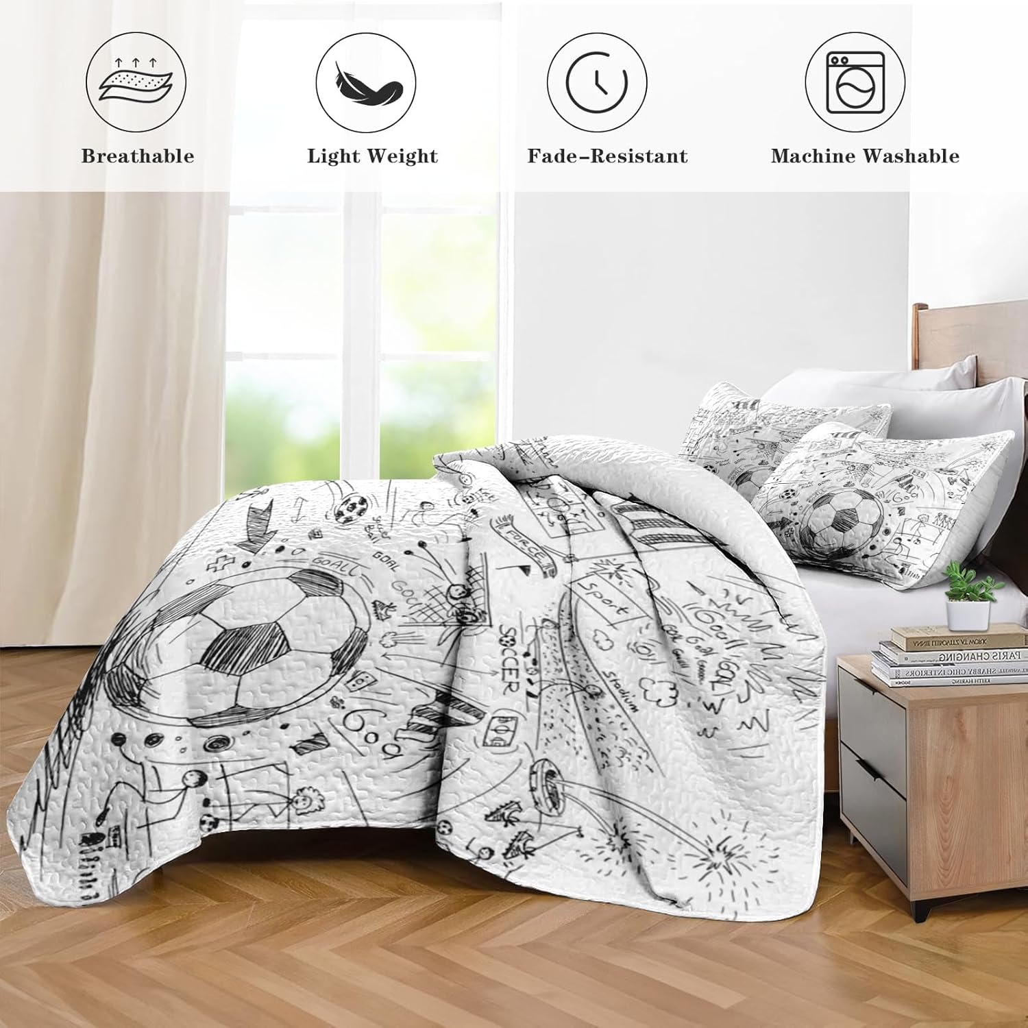 Pamnest Quilt Set Twin Size - Soccer Football Bedding with Pillow Sham