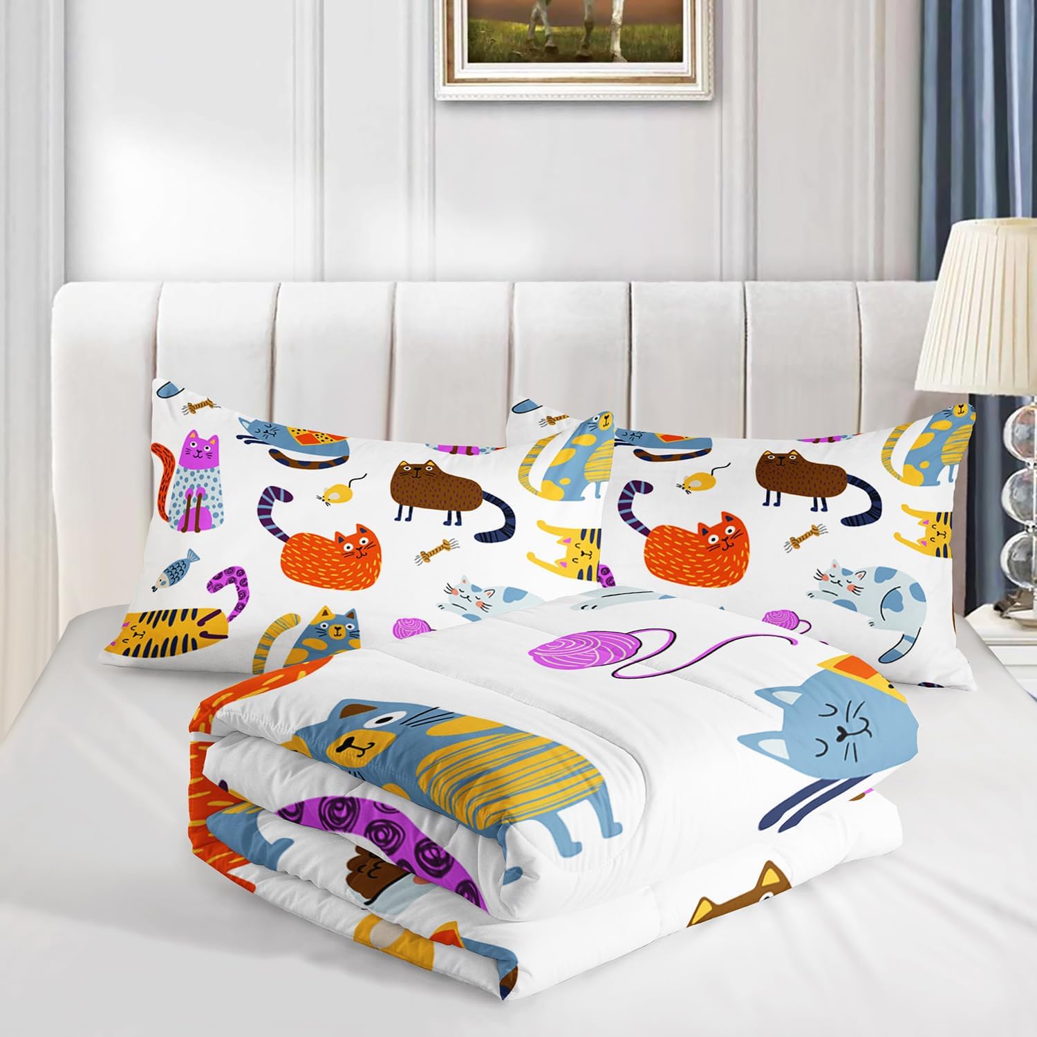 Kids Kawaii Cat Comforter Set 3Pcs Full Size