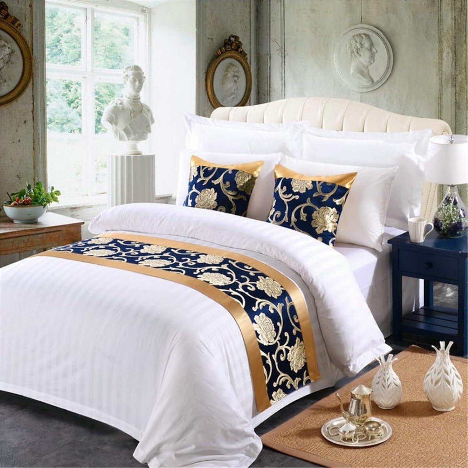 Blue Floral Bed Runner with Pillow Covers Set